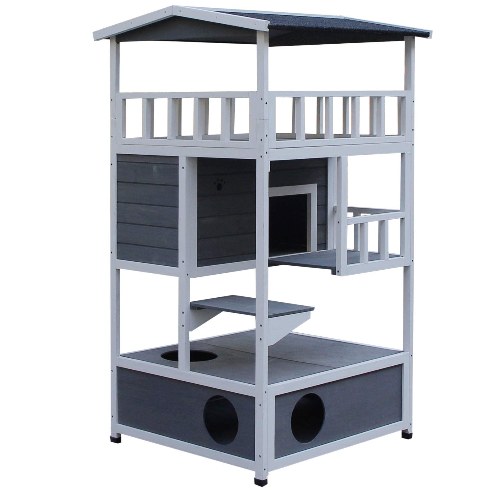 PawHut Wooden Outdoor Cat House 3-Tier Kitten Shelter w/Tilted Roof Grey