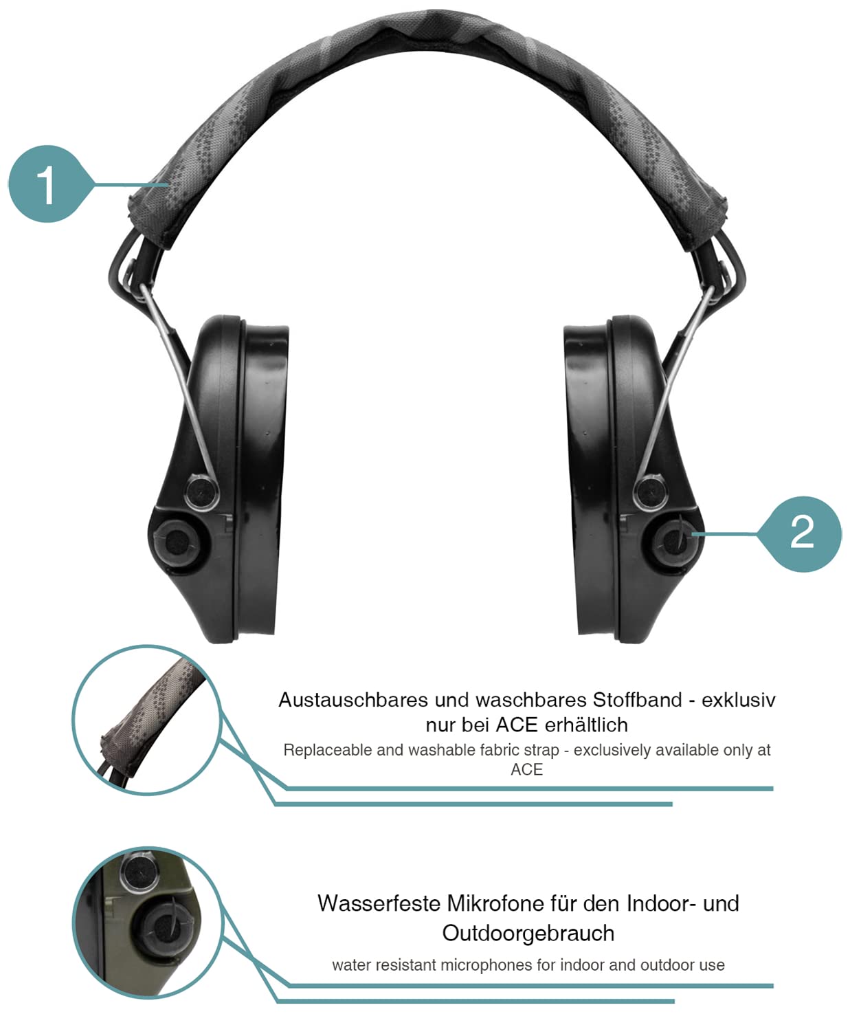 ACE Sordin Pro-X Aktiver Kapsel-Gehörschutz - EN 352 - mit Night-Camo-Stoffband, Gelkissen & schwarzen Kapseln