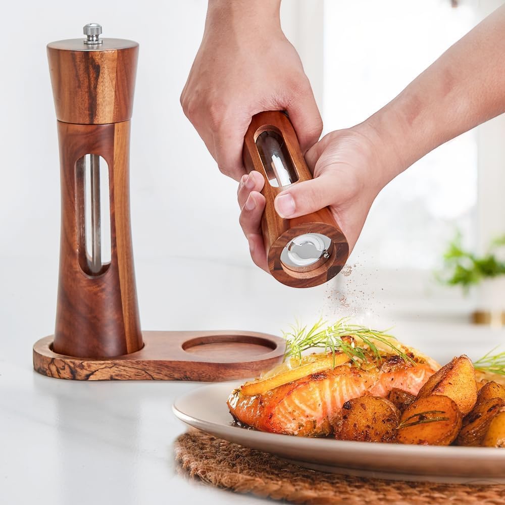 8 Inch Acacia Wooden Salt and Pepper Grinder Set with Tray, Manual Salt & Pepper Shakers with Adjustable Coarseness, Salt and Pepper Mills