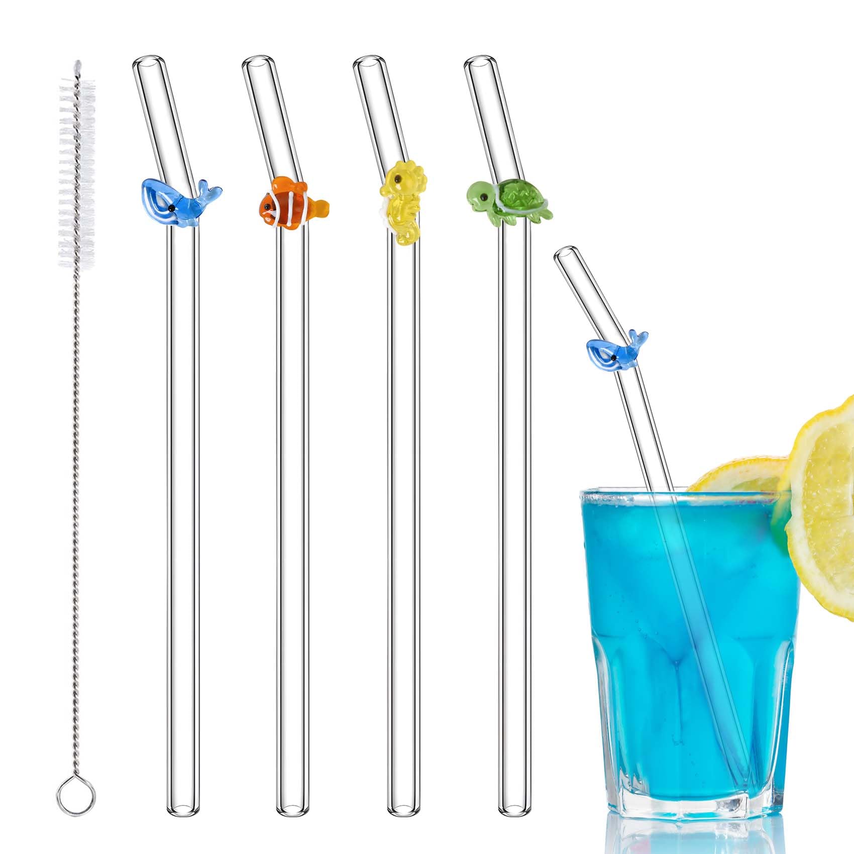 4 Pcs Glass Straws Shatter Resistant with 1 Cleaning Brushes, Colorful Cute Reusable Straw for Ocean Themed Party Decorations, Juice, Summer Beach, Birthday Party(Sea Animal) — image 1