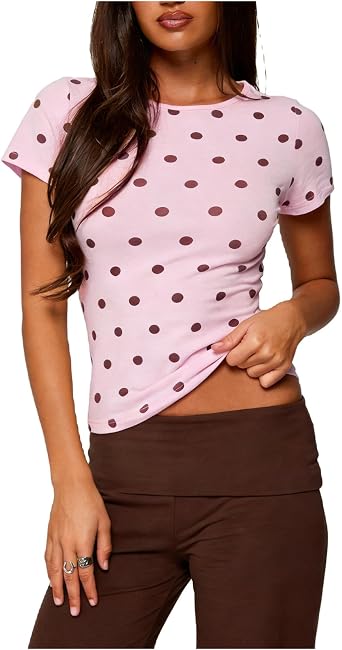 Women Y2k Polka Dot Baby Tee Vintage Aesthetic Short Sleeve T Shirt Slim Fit Crewneck Crop Top Streetwear