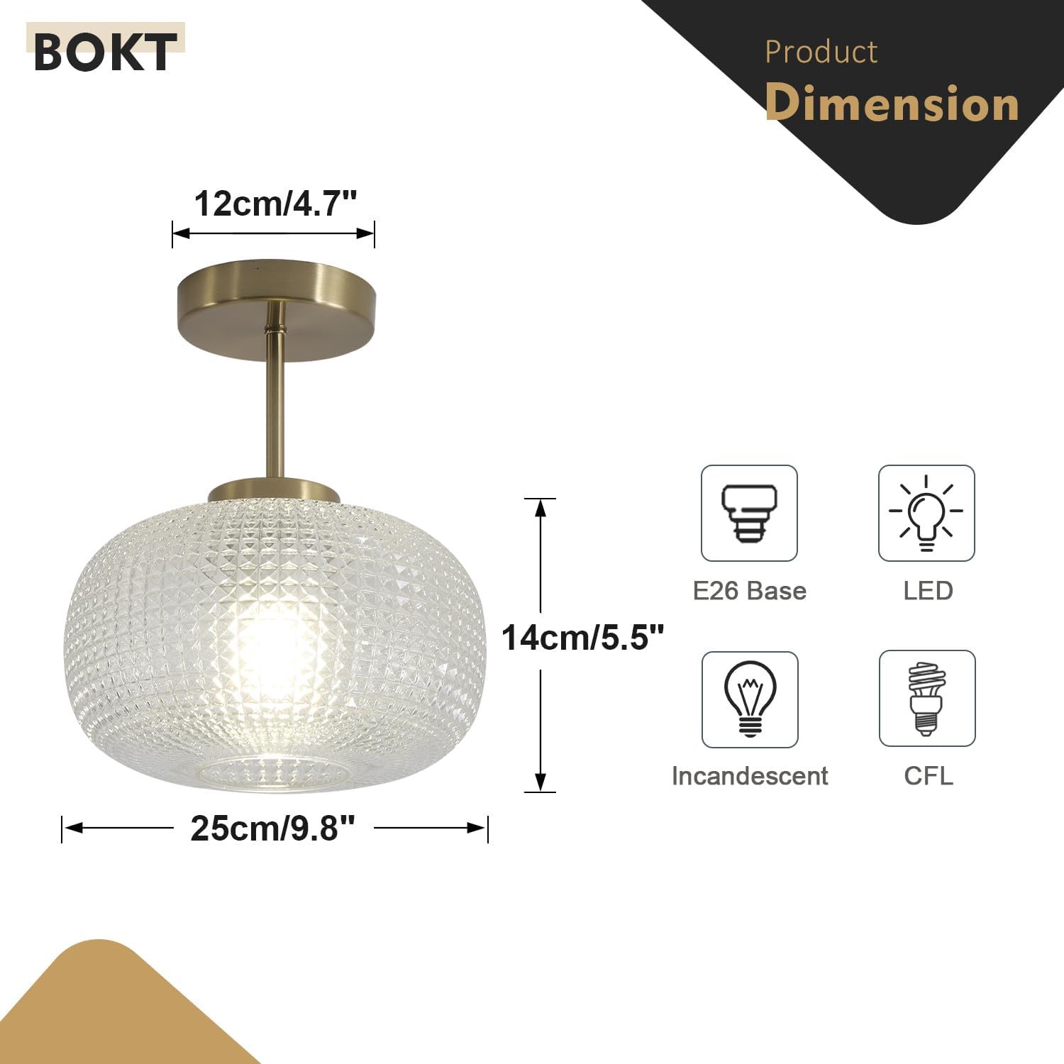 BOKT Gold Semi Flush Mount Ceiling Light Fixture, 9.8" Kitchen Lighting Fixtures Ceiling, Mid-Century Single Light Close to Ceiling Light Fixtures with Glass Shade for Hallway, Bedroom BC1165-C