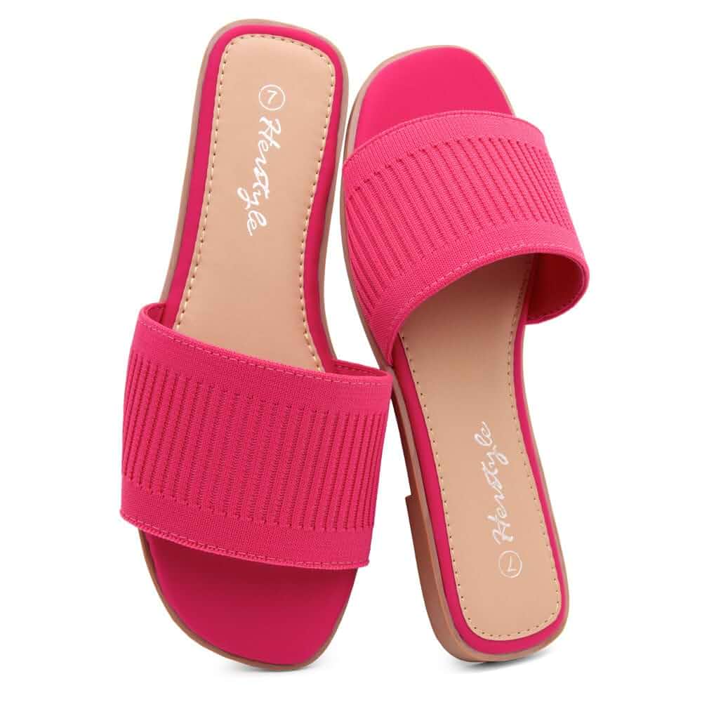 Herstyle Flat Sandals for Women, Knit Slide Sandals, Square Open Toe Slip-On, Dressy Casual Fashion Summer Shoes with Memory Foam for Travel & Vacation