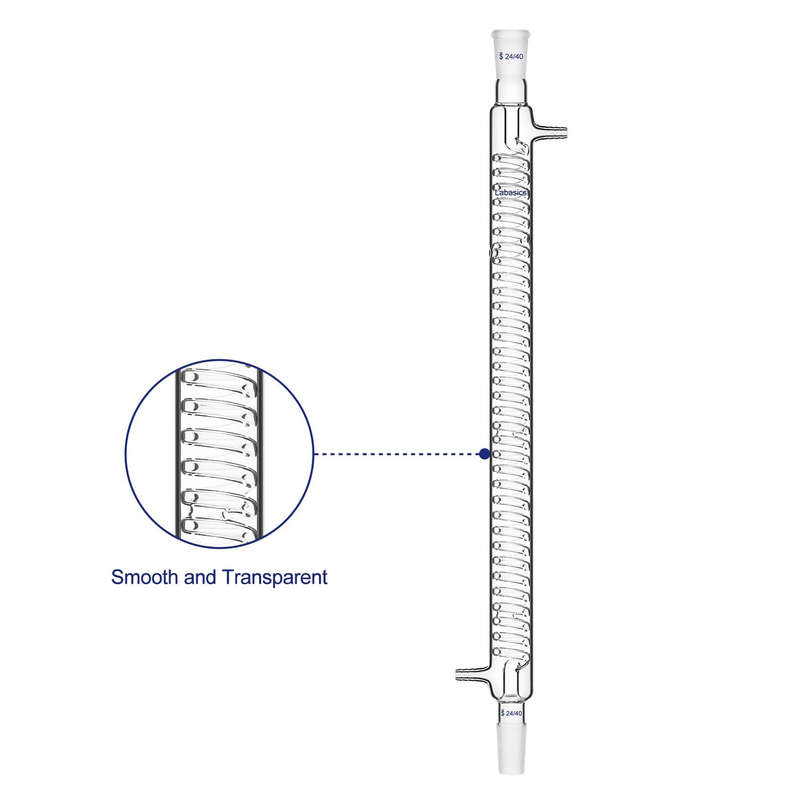 Labasics Condensador Graham de Vidrio Borosilicato, Graham Condenser Condensador de Vidrio de Laboratorio con Junta 24/40 y 500mm de Longitud de la Chaqueta