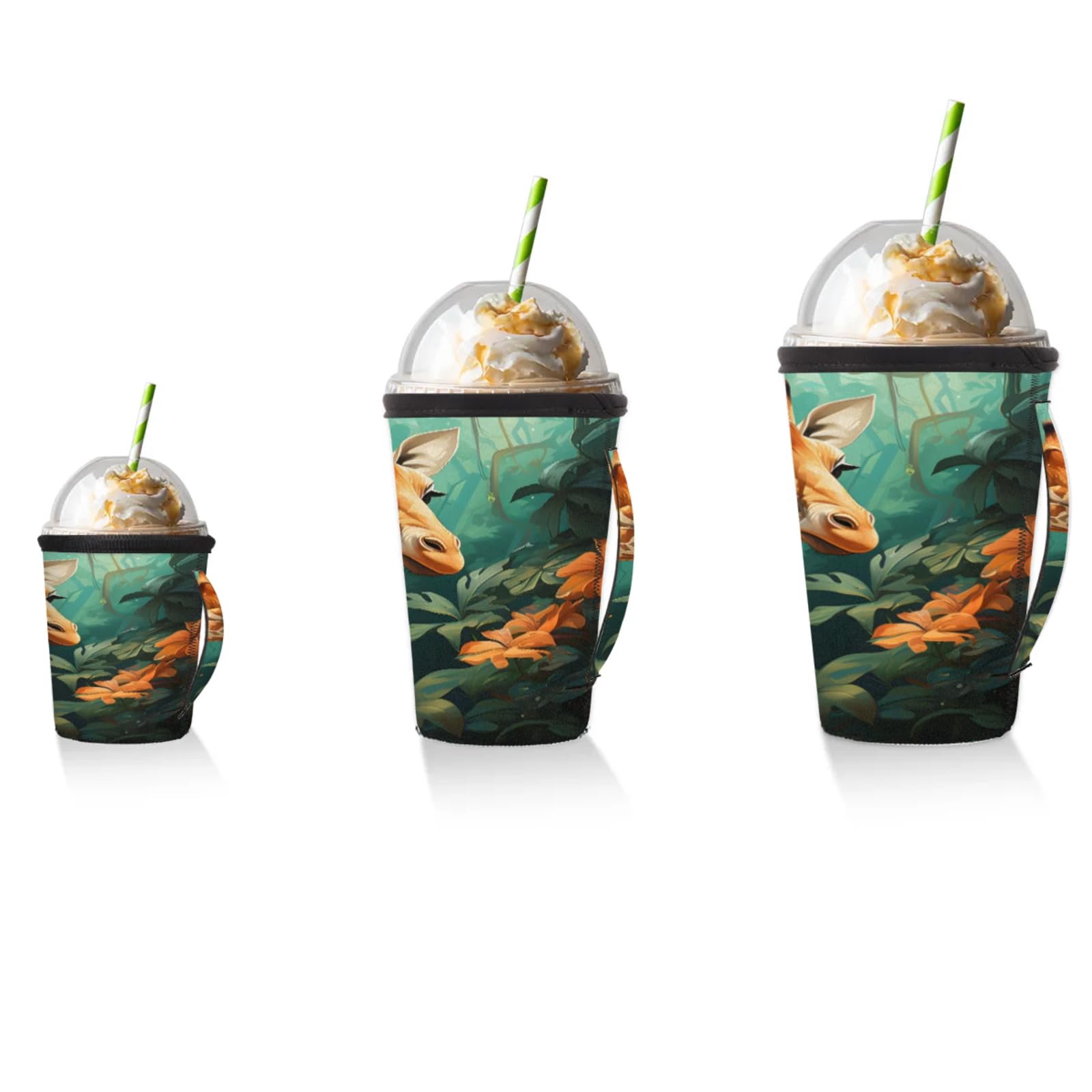 Forest Giraffe Reusable Neoprene Coffee Sleeve with Handle Insulated Iced Coffee Cup Holder Reduces Condensation Fits 24-28 oz Cups M