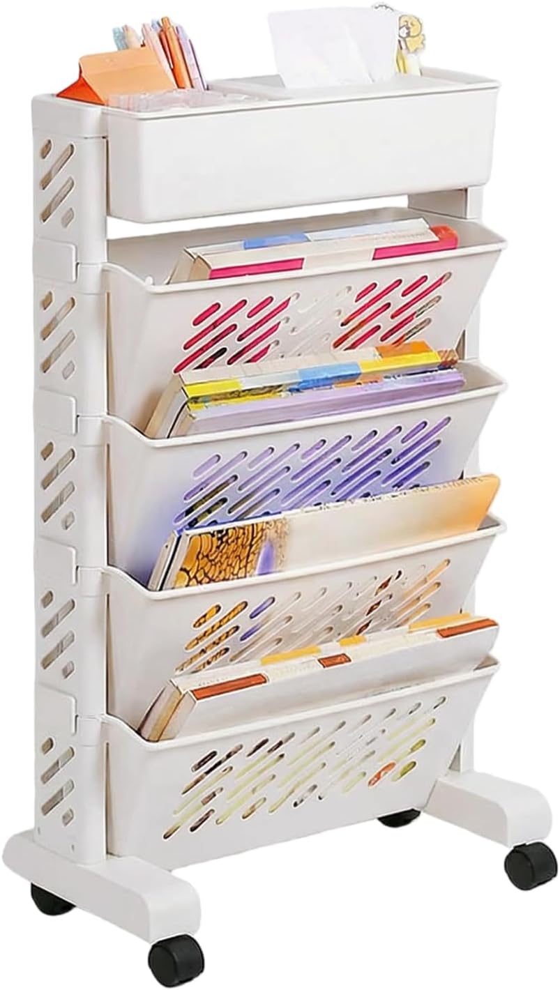 Mobile Bookshelf with Wheels, Multilayer Deskside Bookcase Rotatable Rolling File Cart Organization Shelf for School Classroom Home (5 Tier)
