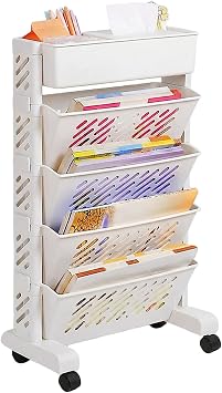 Mobile Bookshelf with Wheels, Multilayer Deskside Bookcase Rotatable Rolling File Cart Organization Shelf for School Classroom Home 5 Tier