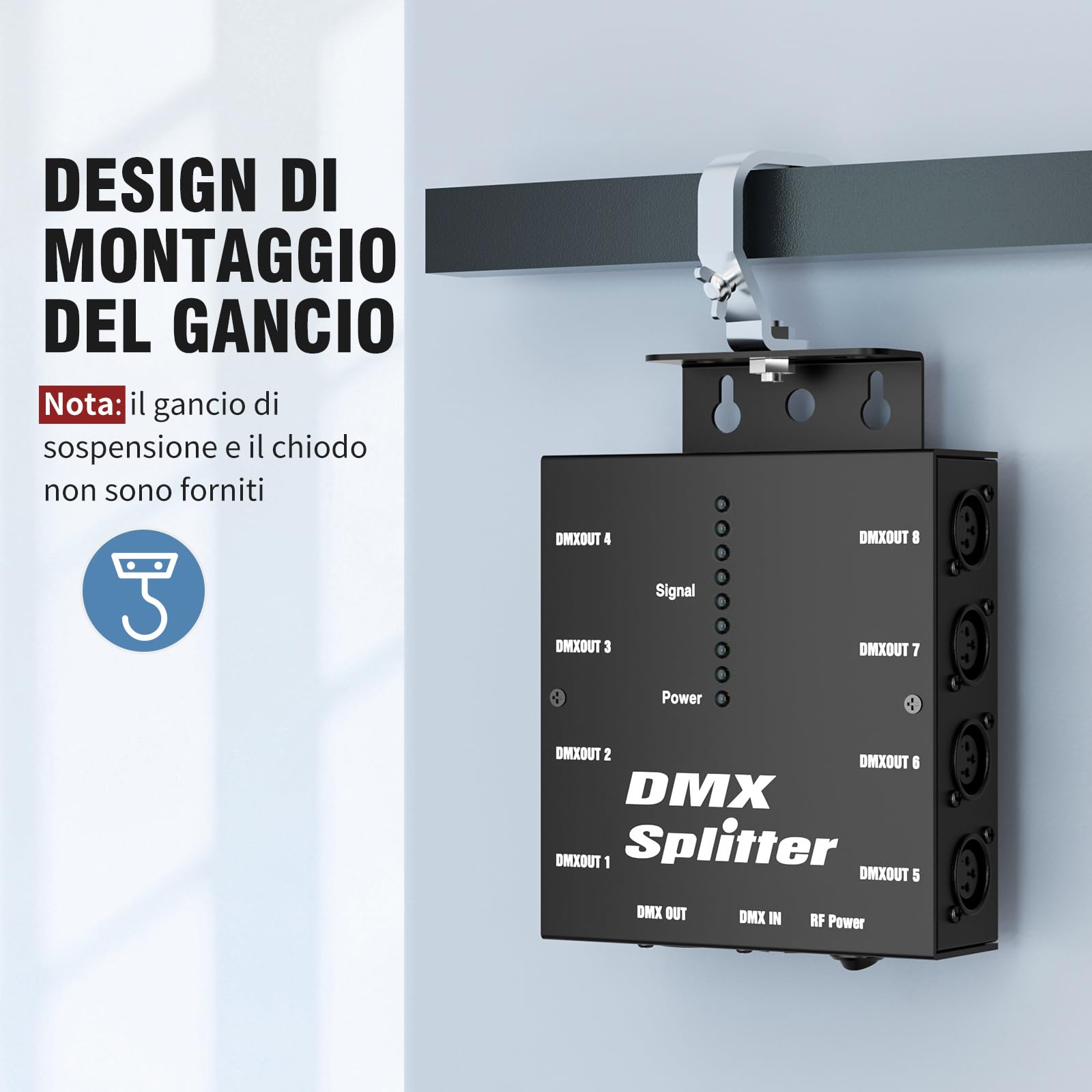 Splitter Ottico DMX, Amplificatore di Segnale DMX 512 con 1 Ingresso e 9 Uscite Indipendenti, compatibile con Lampada PAR Faro Mobile Luci di Scena, per Creare Spettacoli di Luci