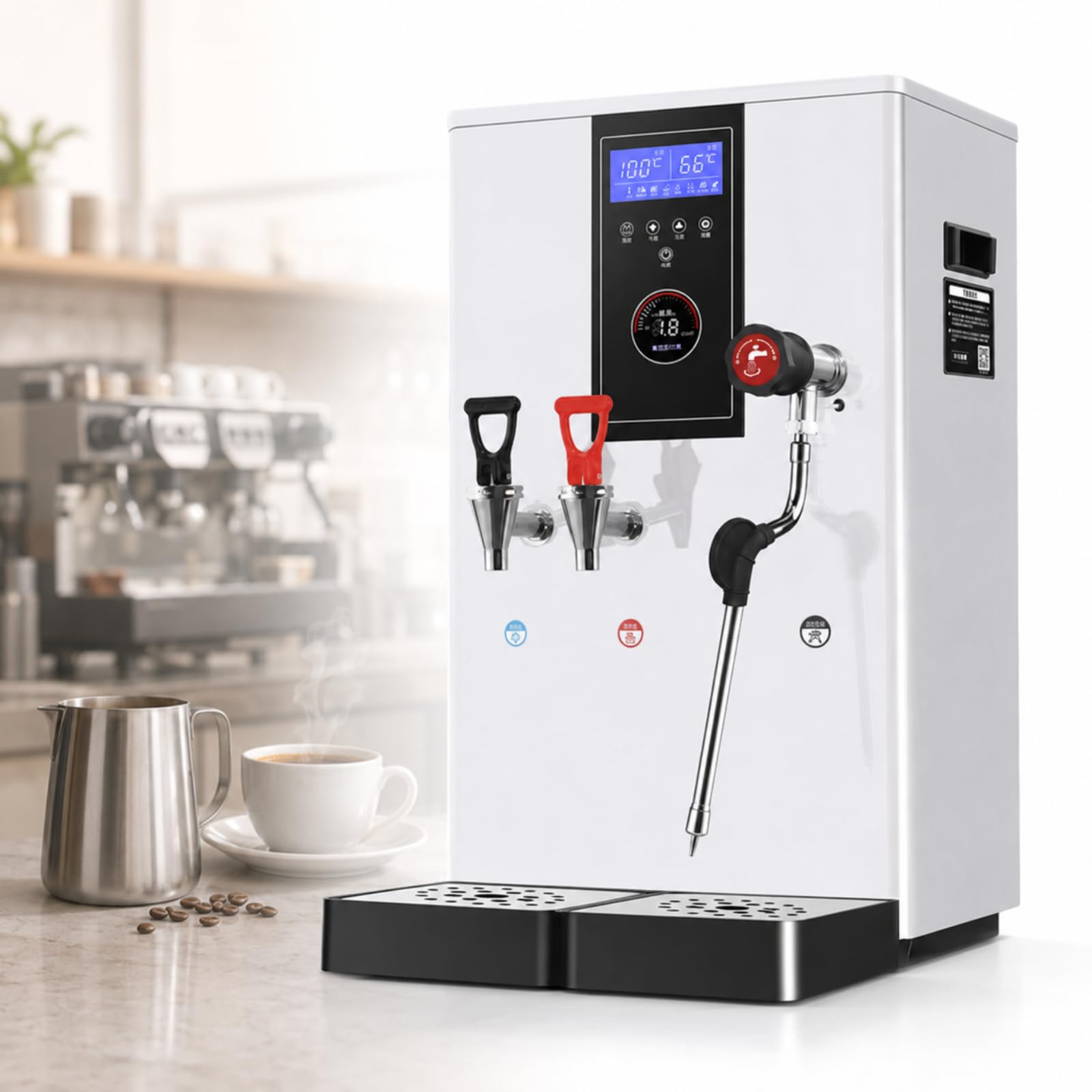 Espumador De Leche Comercial, Máquina Eléctrica De Vapor para Espumar Leche con Calentador De Bebidas Frías De 20 litros, Pantalla Led De Temperatura, para Cafeterías Y Teterías. White