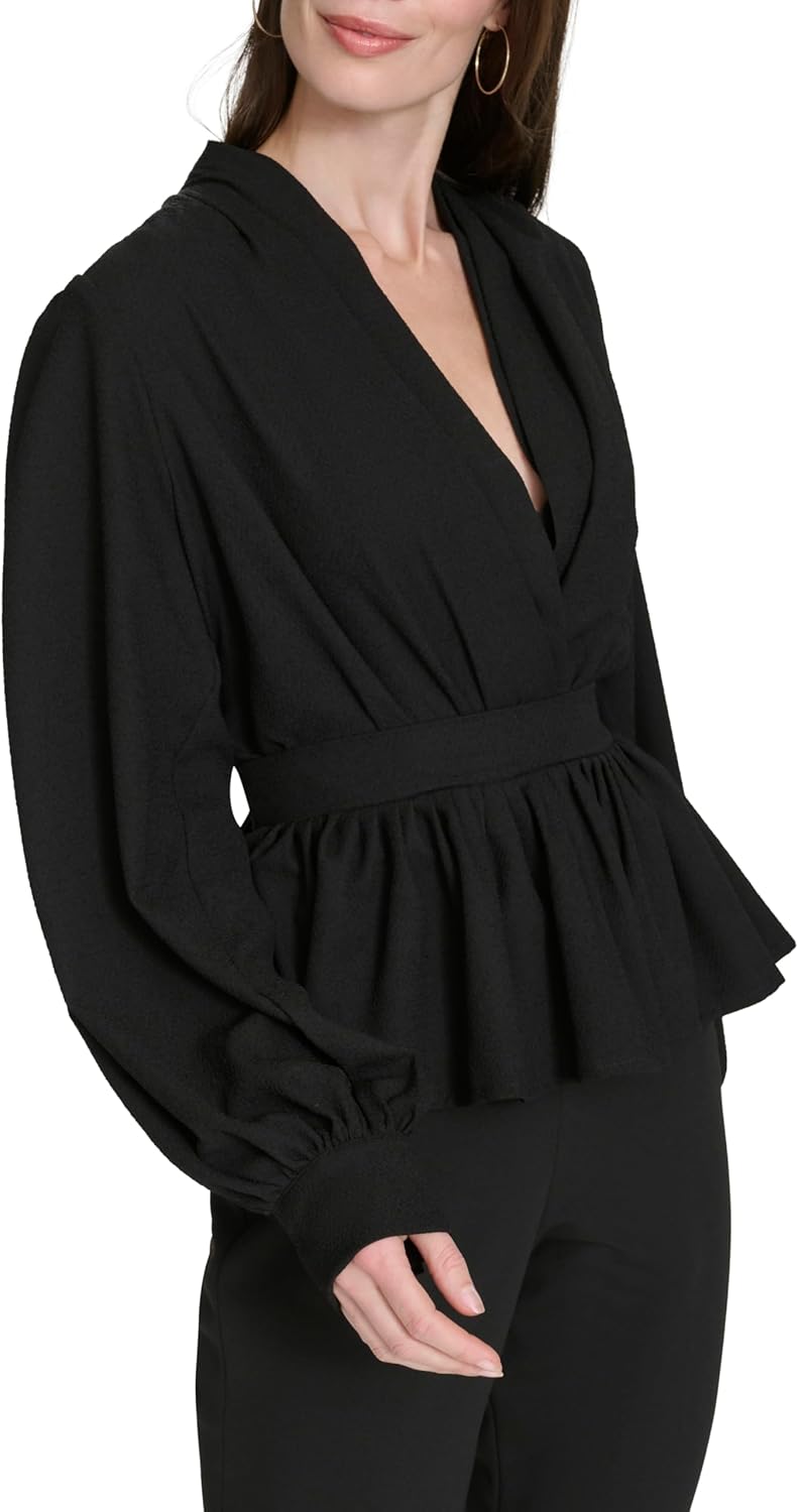 Halston Womens Long Sleeve Bishop Sleeve Cinched Waist Draping V Neck - Image 3