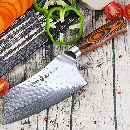 Image of TUO Cutlery Cleaver Knife - Japanese AUS-10 Damascus Steel Hammered Finish - Chinese Chef's Knife for Meat and Vegetable with Ergonomic Pakkawood Handle - 7 inch - Fiery Phoenix Series