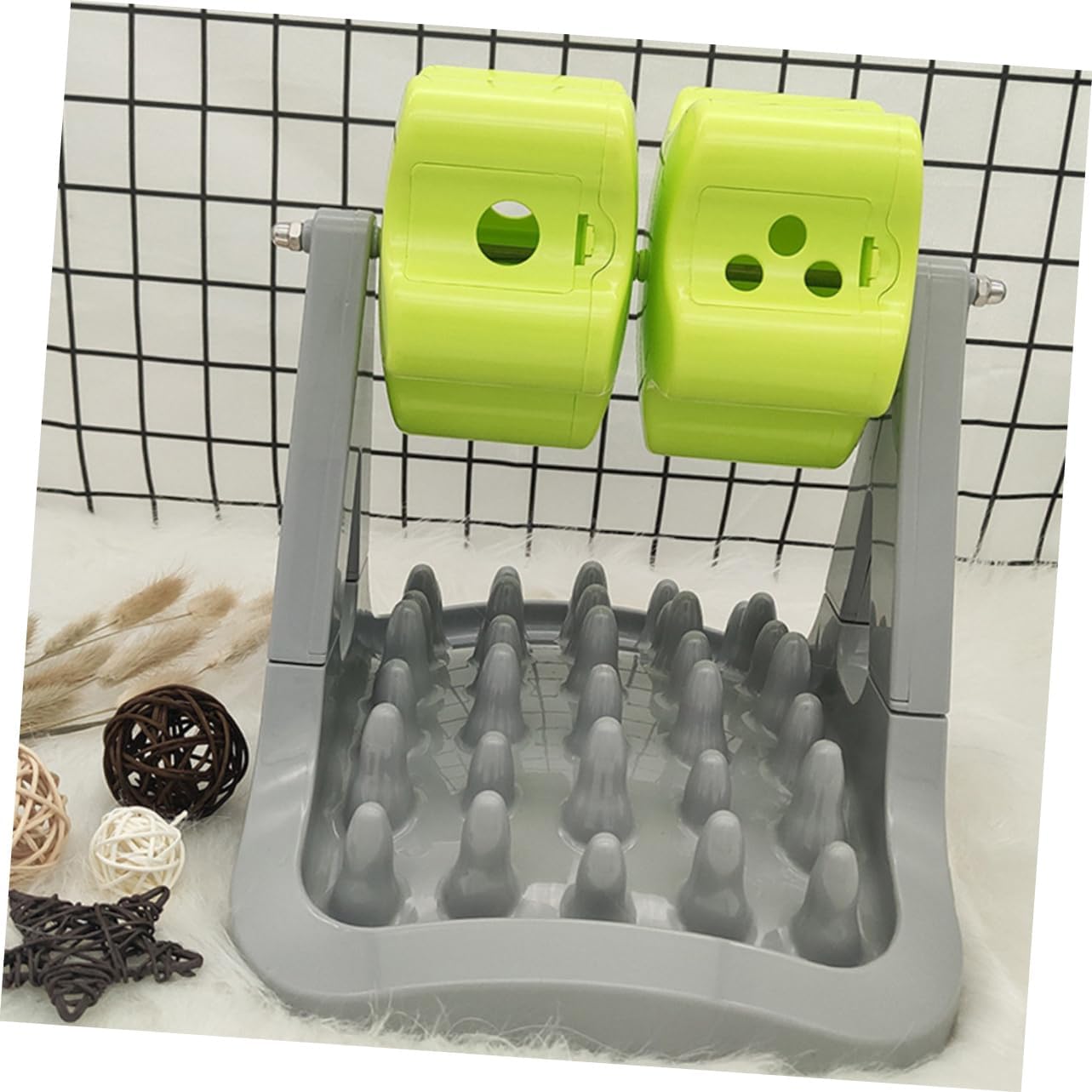 1piece Automatic Rotating Dog Food Dispenser Choke Pet Feeding Bowl for Dogs Easy to Clean Non-Skid Base Gray and Green for Training and Feeding