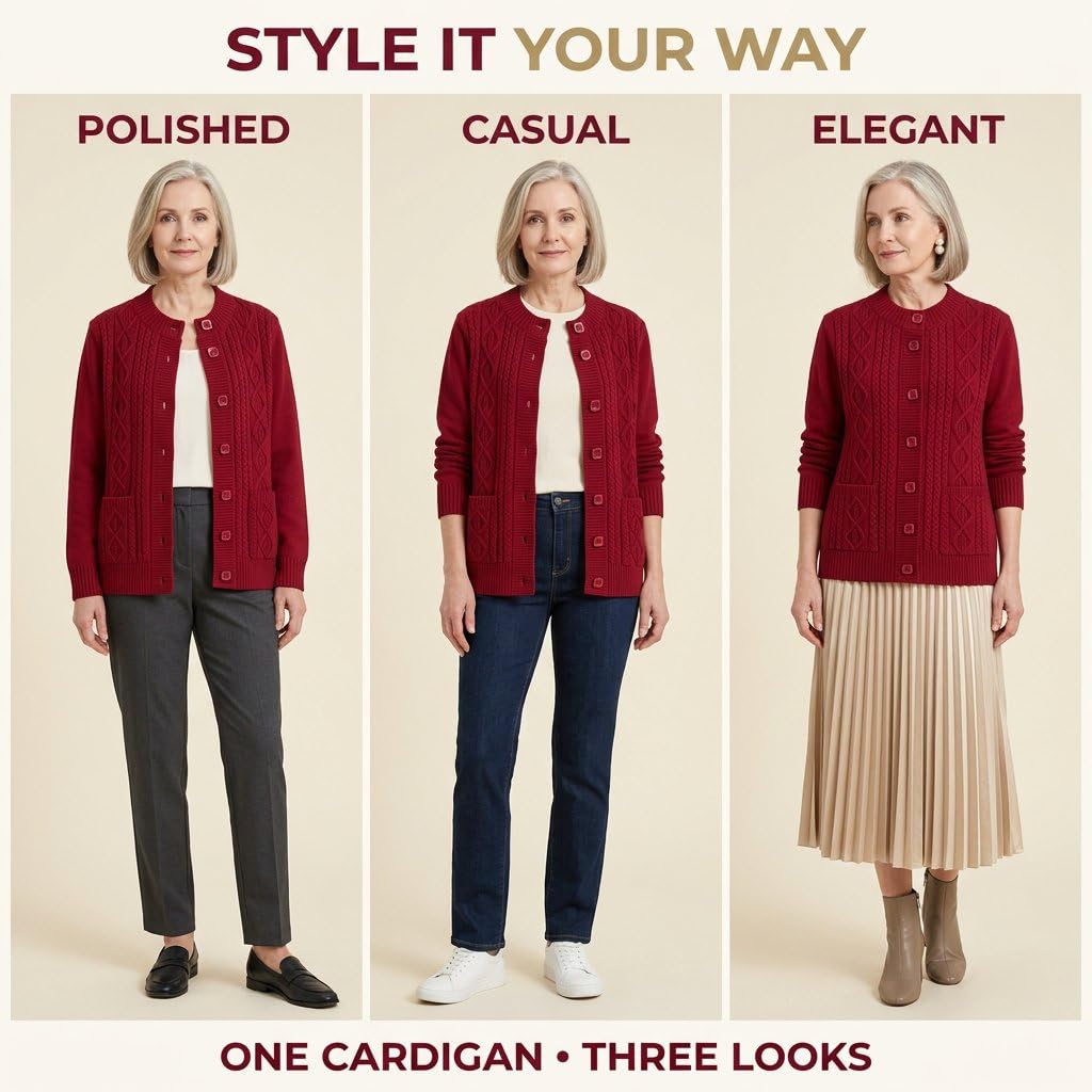 Cardigan Trecce con Tasche per Donne di Mezza età e Anziane, Giacca Cardigan Girocollo con Bottoni sul Davanti, Abbigliamento Casual Nonna, Capospalla Caldo Autunnale