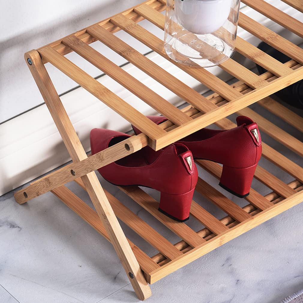 Bambus Schuhregal Klein, 2 Ebenen Faltbares Schuhregal Holz, Ohne Installation Mini Schuhregal Perfekt für Flur, Schlafzimmer und kleine Räume, Lager 80bl (Holz, 2 Ebenen)