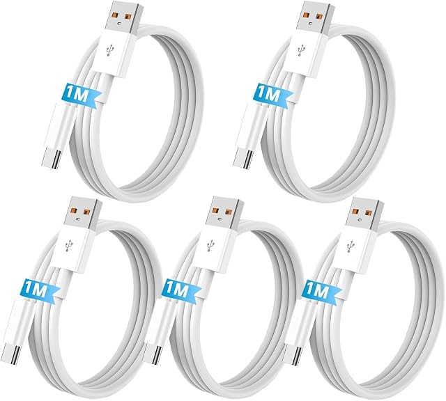 5Pack USB A to USB C Fast Charging Cable,【5x1M】 Type C Cord Compatible with iPhone 17/16/15 Android, White