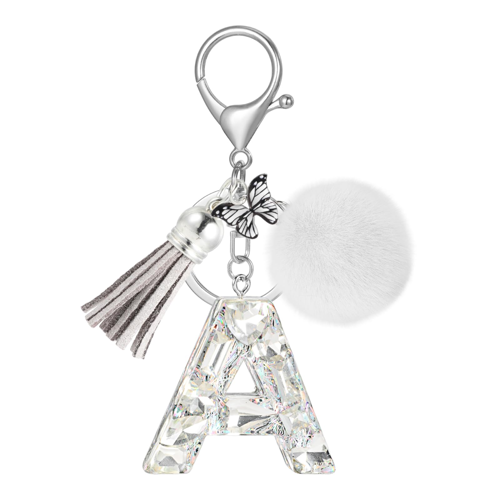 JSRQT Bling Initial Letter Keychains, Rhinestone Alphabet Car Keyrings for Women, Butterfly Tassel Pendants Bag Charm