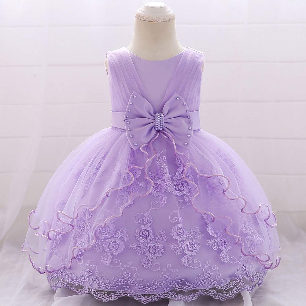Baby Girls' Special Occasion Dresses Sleeveless Beads Bowknot Lace Embroidery Princess Tulle Tutu Bridesmaid Wedding Communion Baptism Pageant Birthday Party Formal Prom Gown Purple 9-12 Months