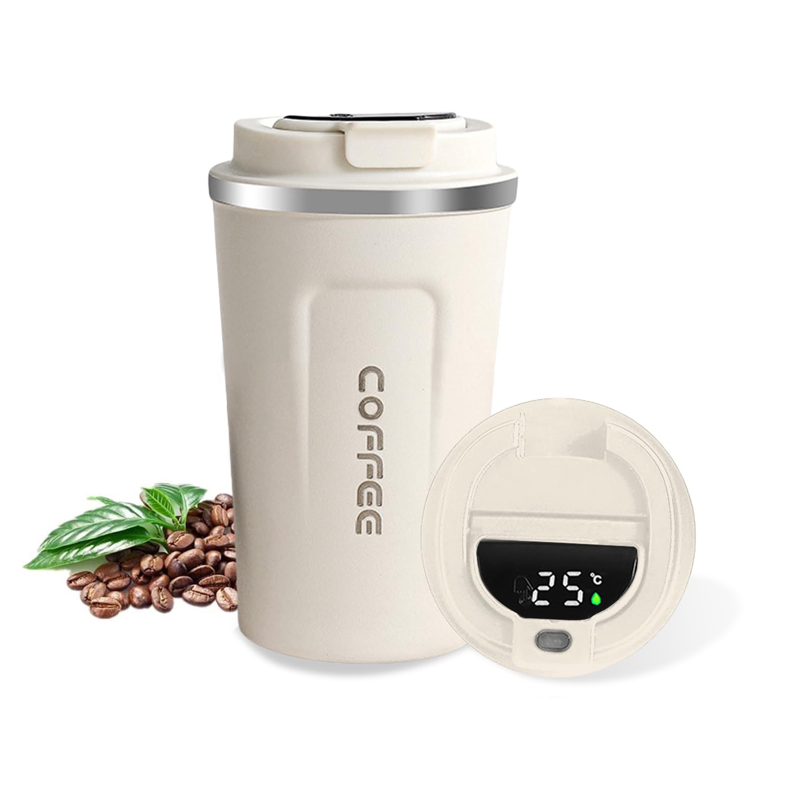 AMFUN Travel Mug, 380ml Insulated Coffee Cup With LED Temperature Display, Reusable Leakproof Tumbler, Stainless Steel for Hot & Cold Drinks (White)