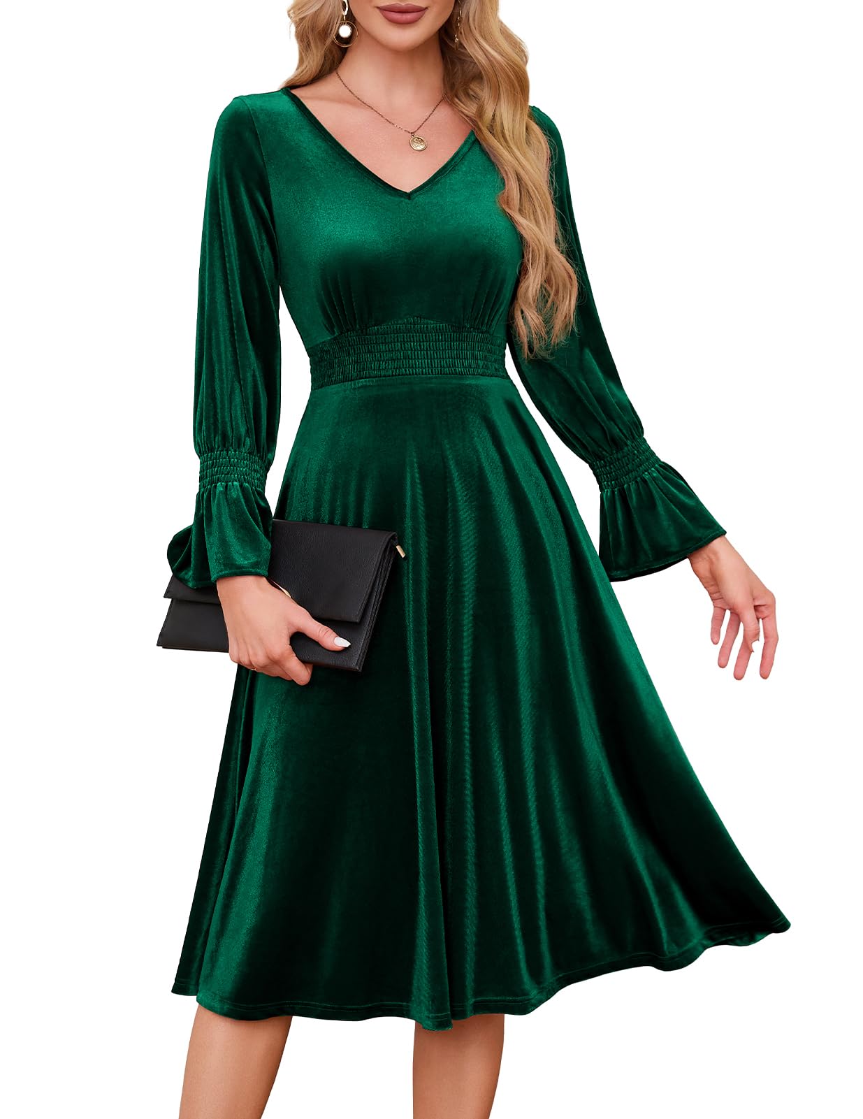 Meetjen Womens Velvet Midi Dress V Neck Long Sleeve Elastic Waist Smocked Elegant Cocktail Party Dresses 2025