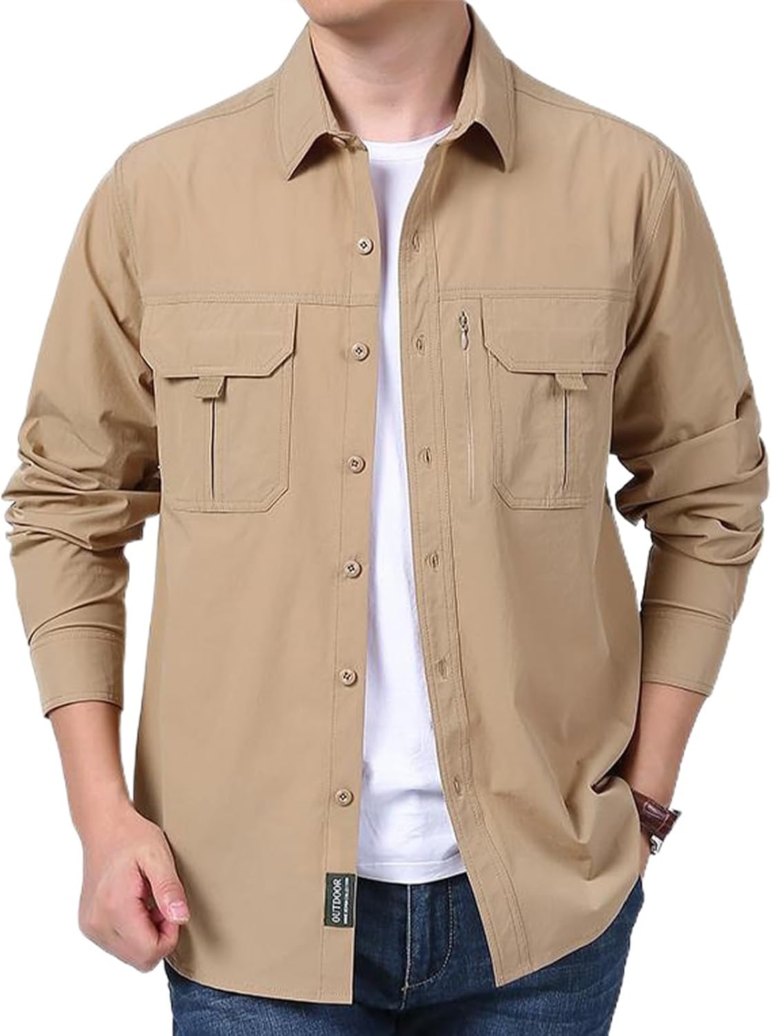 Mens Sun Protection Fishing Shirt Button Down Long Sleeve Zipper Pockets for Casual Work Travel Safari Camping Hiking