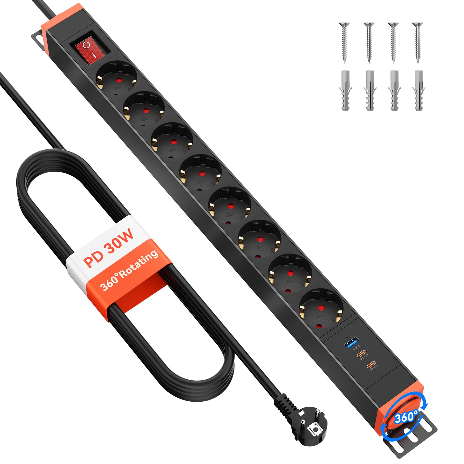 Regleta Enchufes 8 Tomas con Protección contra Sobretensiones y USB-C 30W, Regleta Giratoria 360° para Montaje en Pared, Cable de Extensión 1,8 m, 16A/4000W, Blanco
