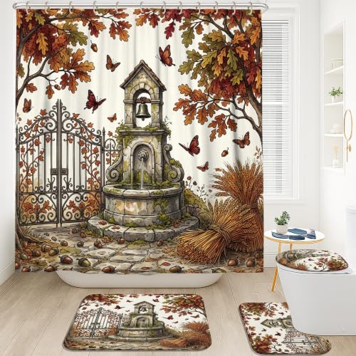 Rideau de douche rustique imperméable marron avec tapis de bain 183x183
