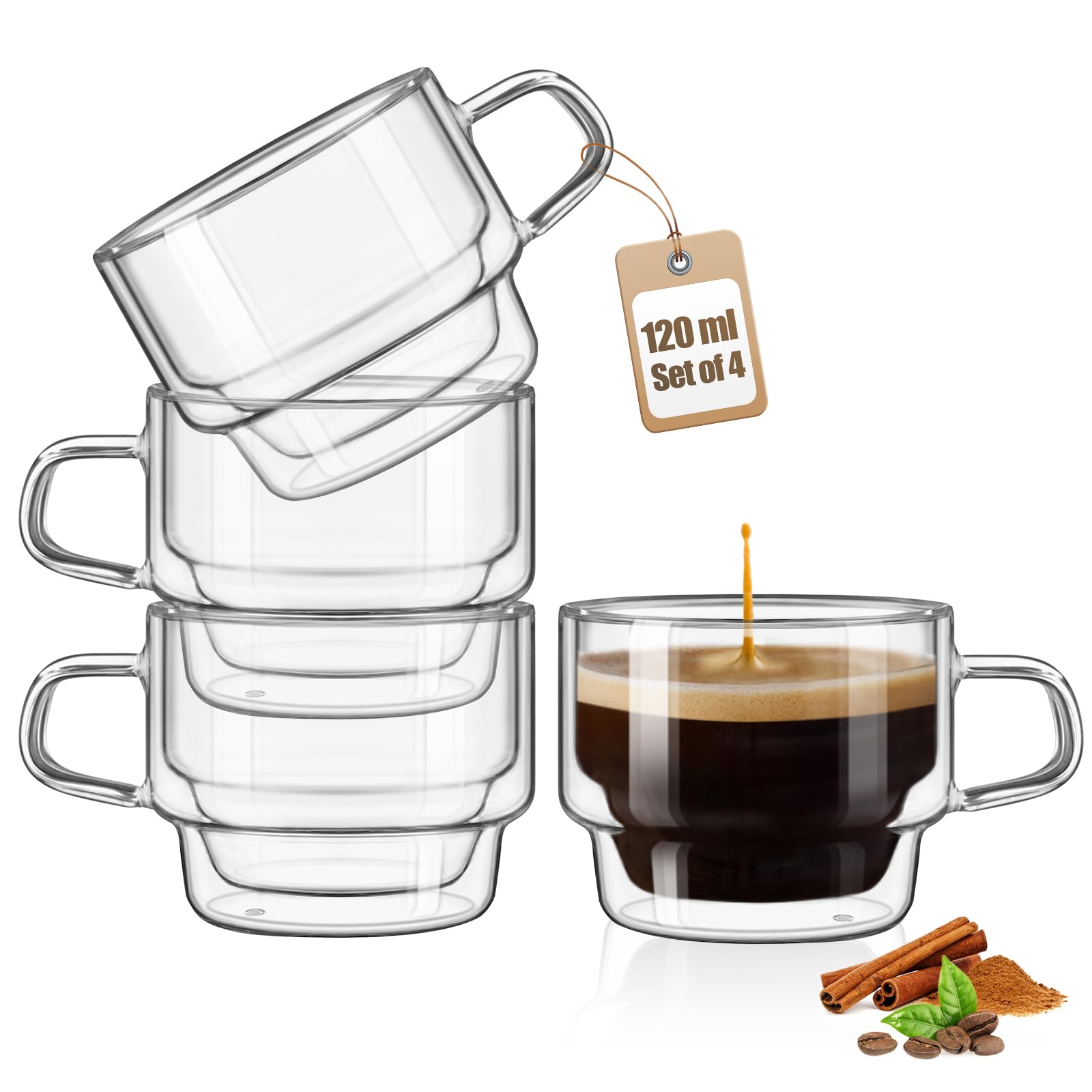 glastal 4 oz Stackable Glass Cups Espresso Cups Double Walled Espresso Glasses Set of 4, 120ml Coffee Tea Glasses Expresso Shots Cup Set for Tea, Milk, Gifts for Women Man - German Quality