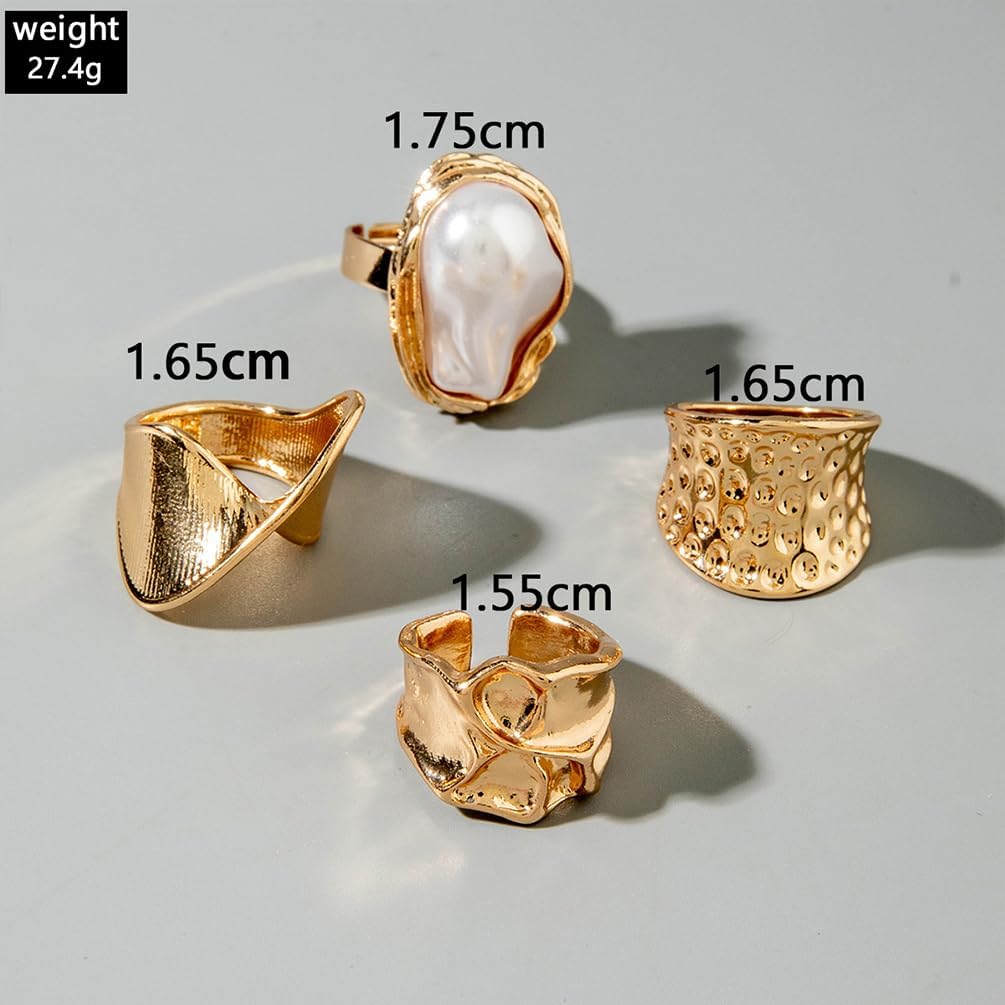 Chunky Gold Irregular Rings Stack Set for Women Statement Baroque Pearl Flower Stackable Knuckle Finger Ring Non Tarnish Boho Hammered Jewelry Gifts - Image 2