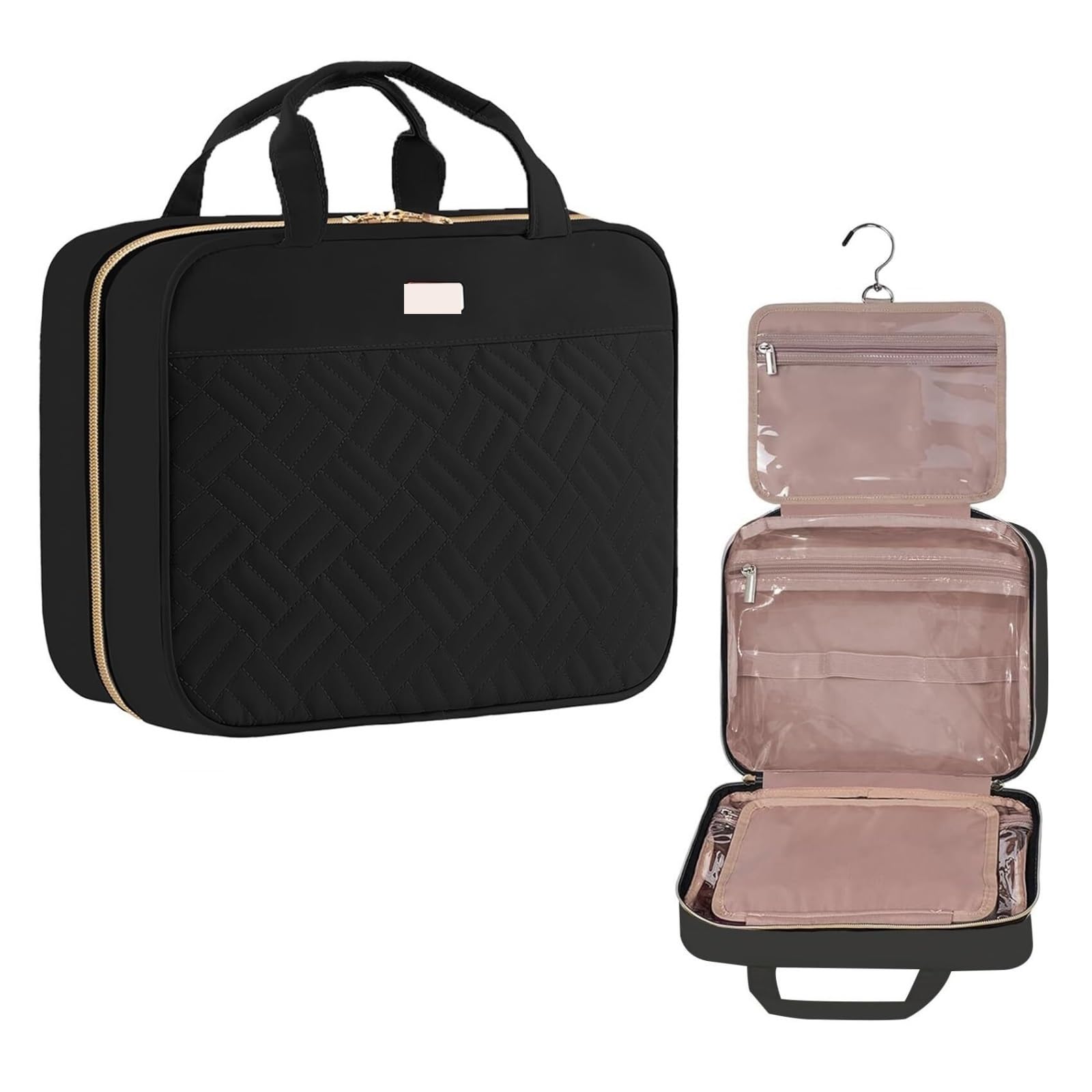 Kosmetiktasche Damen Große Damen-Kosmetiktasche Mit Haken, Tragbare Reise-Kosmetik-Aufbewahrungstasche Kulturbeutel(Black)