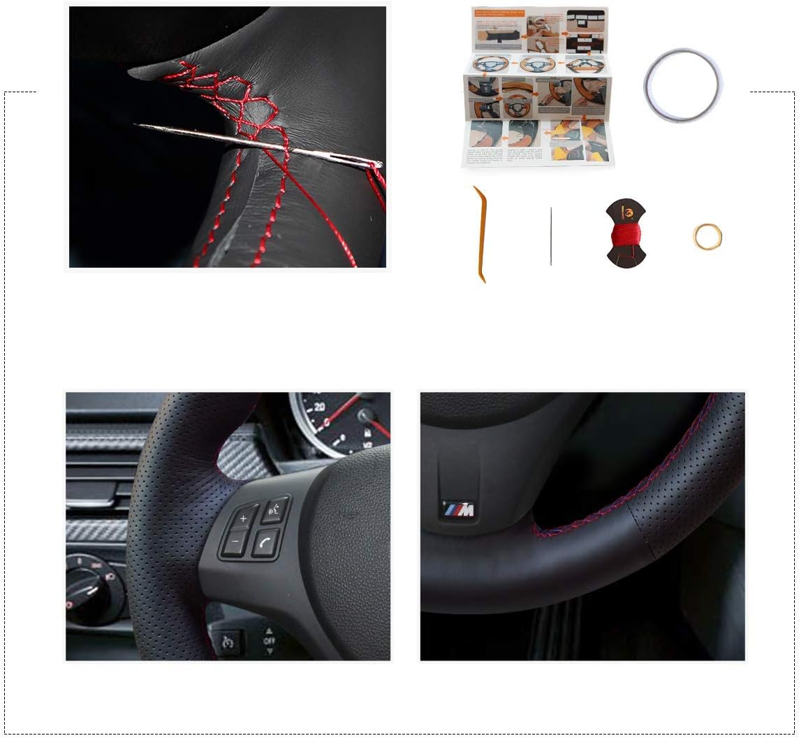 MEWANT DIY Customized Hand Stitch Black Genuine Leather Black Suede Car Steering Wheel Cover for BMW 1 Series E81 E82 E87 E88 2008-2013/3 Series E90 E91 E92 E93 2006-2011 / M3 E90 E92 E93 2008-2013