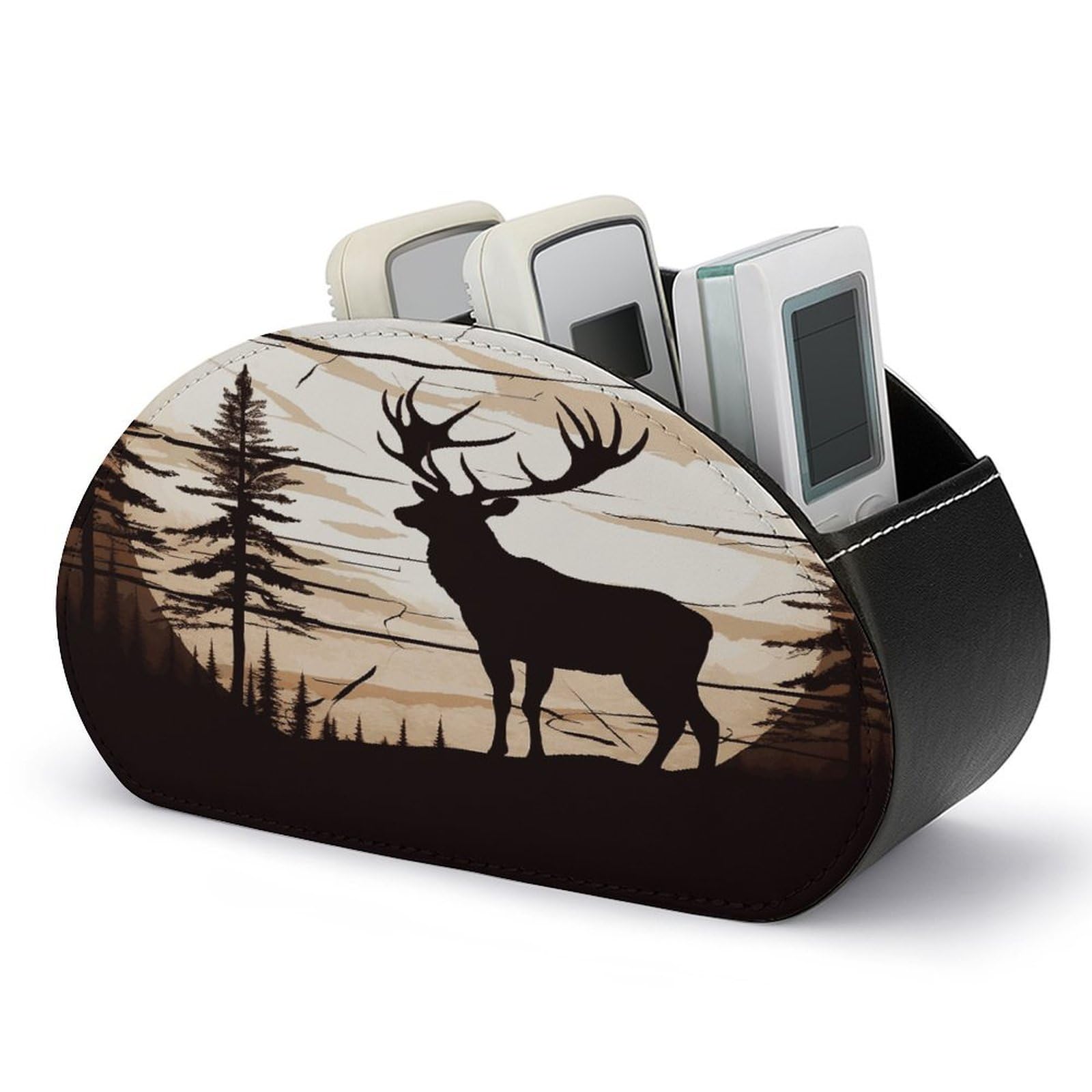 FekiLoot Wild Elk Silhouette Remote Control Holder, PU Leather Remote Control Organizer Box Stationery Remote Control Box Desk Storage Organizer for DVDs,Glasses,Pens,Media Players