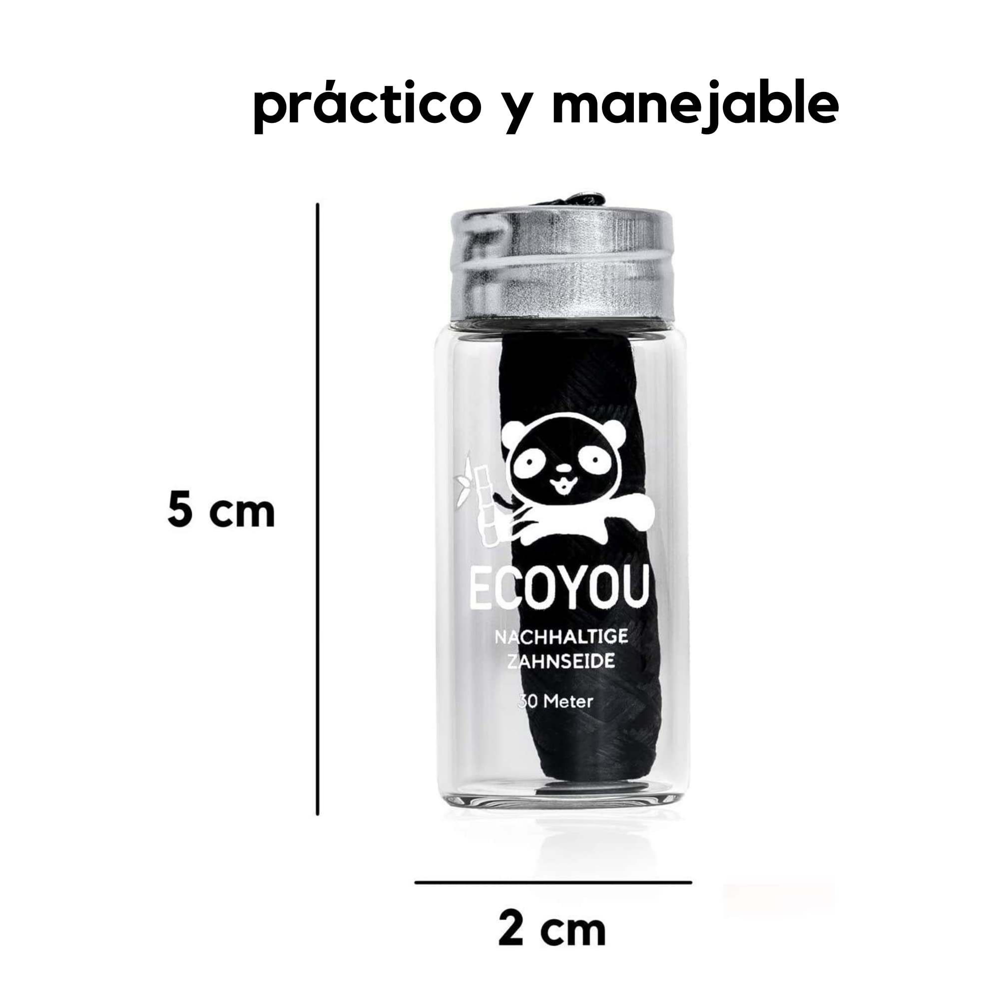 Seda Dental EcoYou – Sostenible, De Carbón Activo de Bambú, En Botella de Vidrio, Sin Plástico, Reutilizable, Vegano, Resistente, Sabor Menta, Limpieza Dental Ecológica, Negro