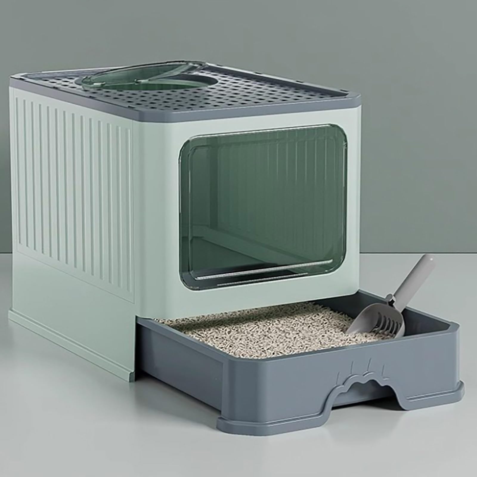 Arenero Doméstico para Gatos, Cerrado, con Cajón Y Pala para Arena, Bandeja De Entrada Superior para Gatitos, Conejos Y Cobayas.(Gray)
