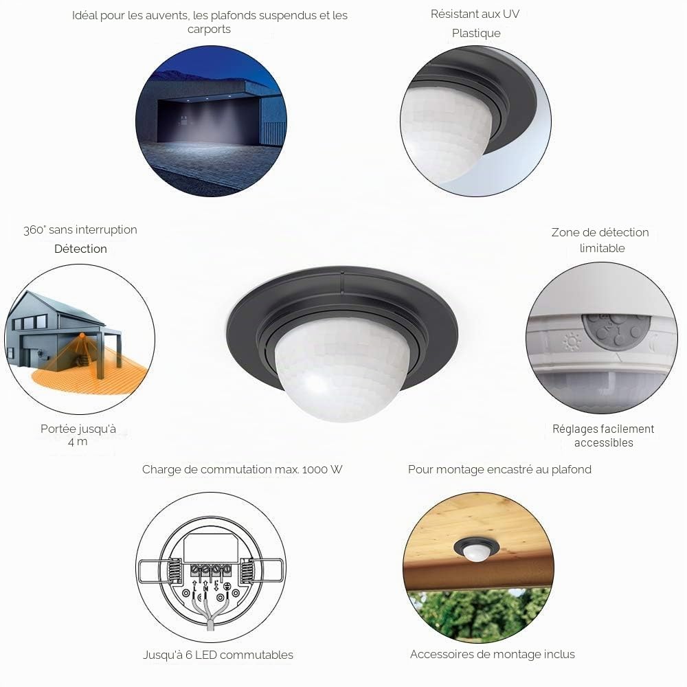 Steinel détecteur de mouvement encastré IS 360-1 noir, portée 4 m, convenable aux LED