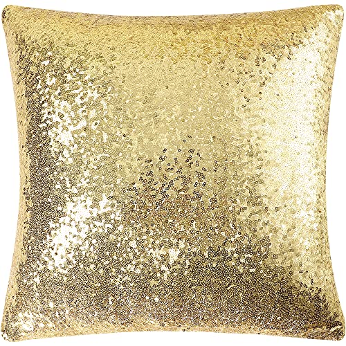 PICCOCASA Housse de Coussin Paillette Taie d'oreiller Décoratif Fastueux Couvertures Faux Pétillant Satin Solide Carré Mariage Fête 18 x 18 Or Cover