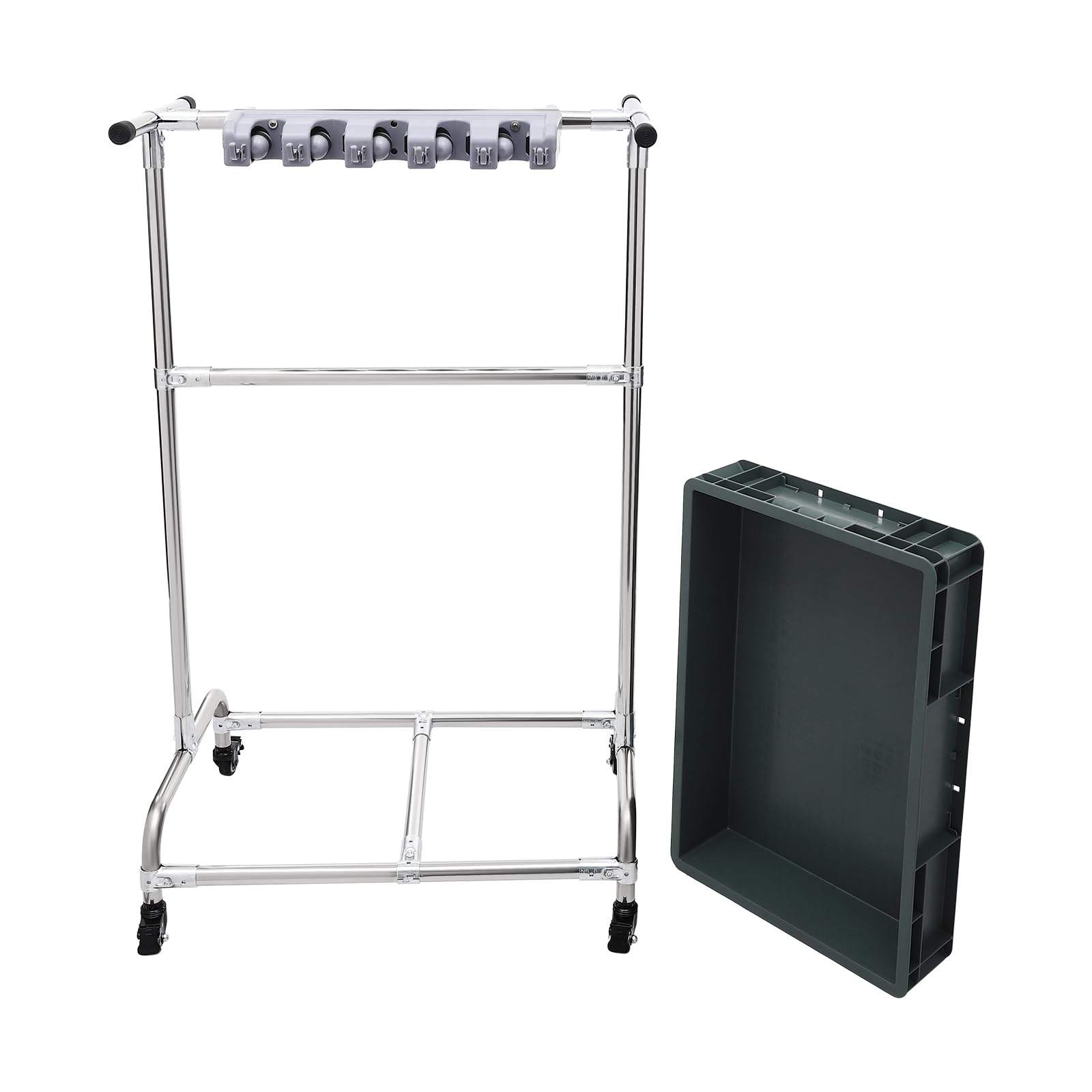 Soporte para escobas y aparatos, soporte para herramientas de jardín, soporte para fregona, con ruedas, 12 ganchos, 10 ranuras, acero inoxidable, 66 x 42 x 110 cm
