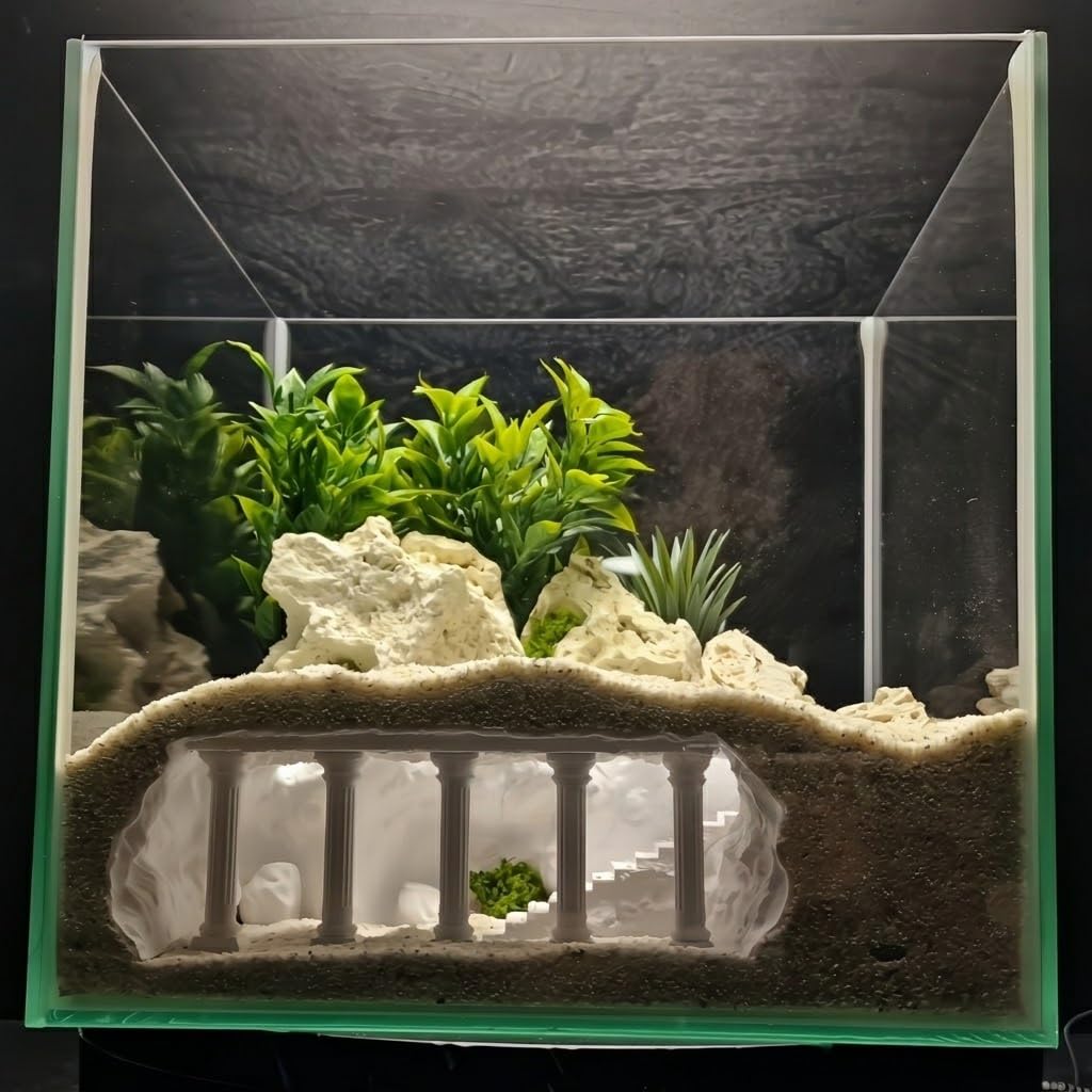 Grotte et cachette d'aquarium à Colonne Romaine, Tunnel for crevettes cichlidés Pleco, Fausse Peau de Poisson d'architecture Roche for décor d'angle(Brown,27.1 * 15 * 8.9cm)
