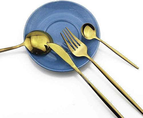 Miniatura 5 de Juego de cubiertos pulidos con espejo, 24 piezas de acero inoxidable 304 dorado, incluye tenedor, cucharas, cuchillo, vajilla reutilizable, juego de