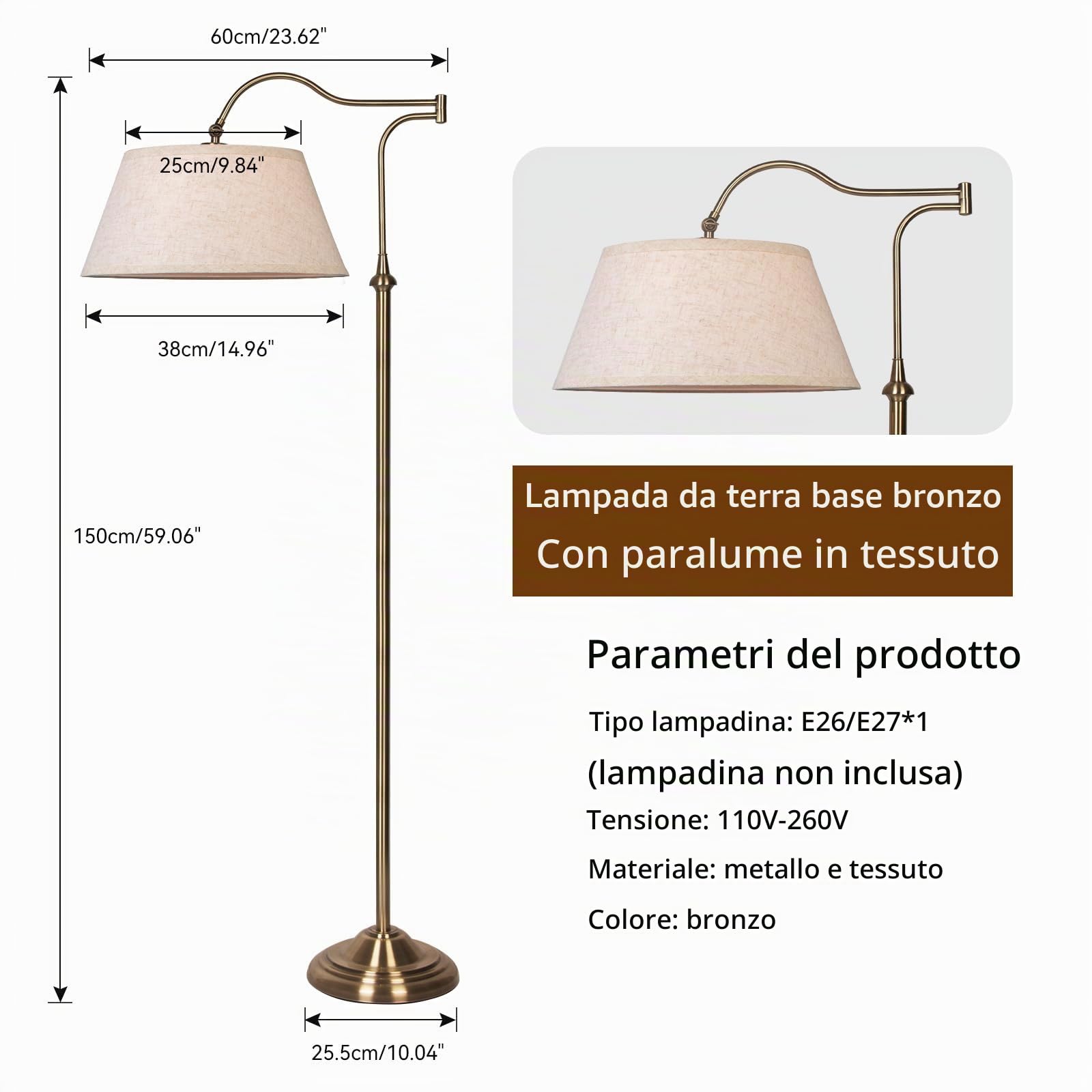 Lampada da terra con braccio oscillante, lampade da terra ad arco con braccio regolabile a 180° per soggiorno, lampada da terra Mid Century con paralume in lino, lampade alte per camera da letto