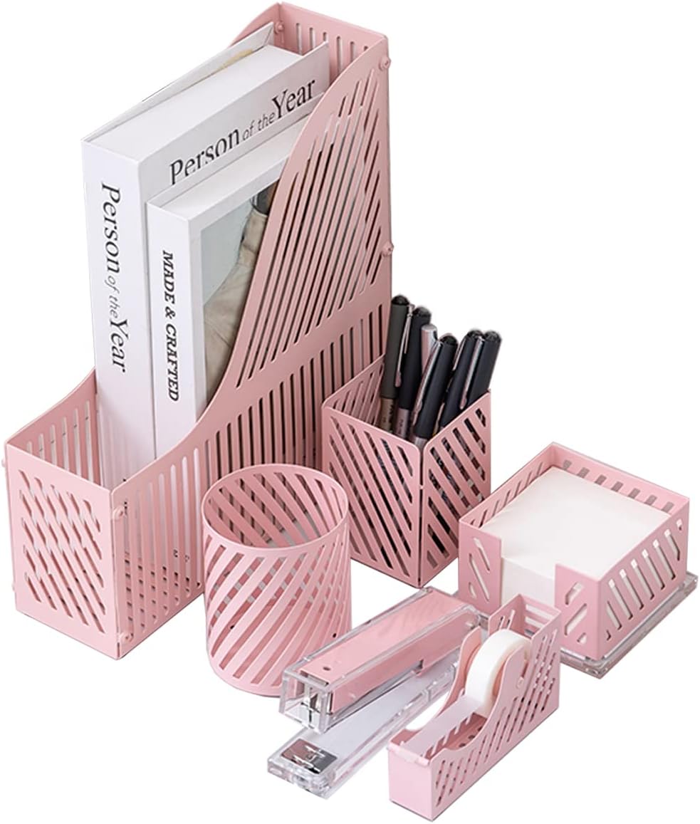 JIARI 6 Piece Desk Accessories Set -Magazine File Holder, Sticky Note Holder, Pen Cup, Pencil Holder，Stapler,Tape Dispenser, Desk Organizer (Pink)