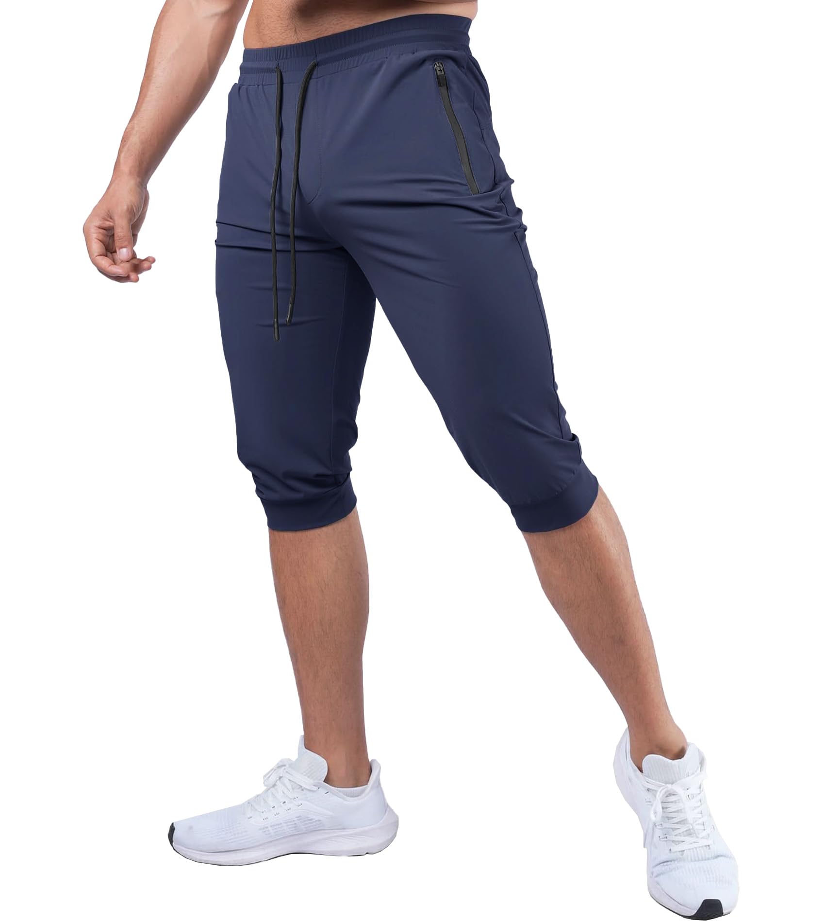 Fioboc 3/4-Jogginghose für Herren mit Reißverschlusstaschen, Caprihose, schnell trocknend, Herren-Sweathose, Kordelzug, verstellbare Trainingshose