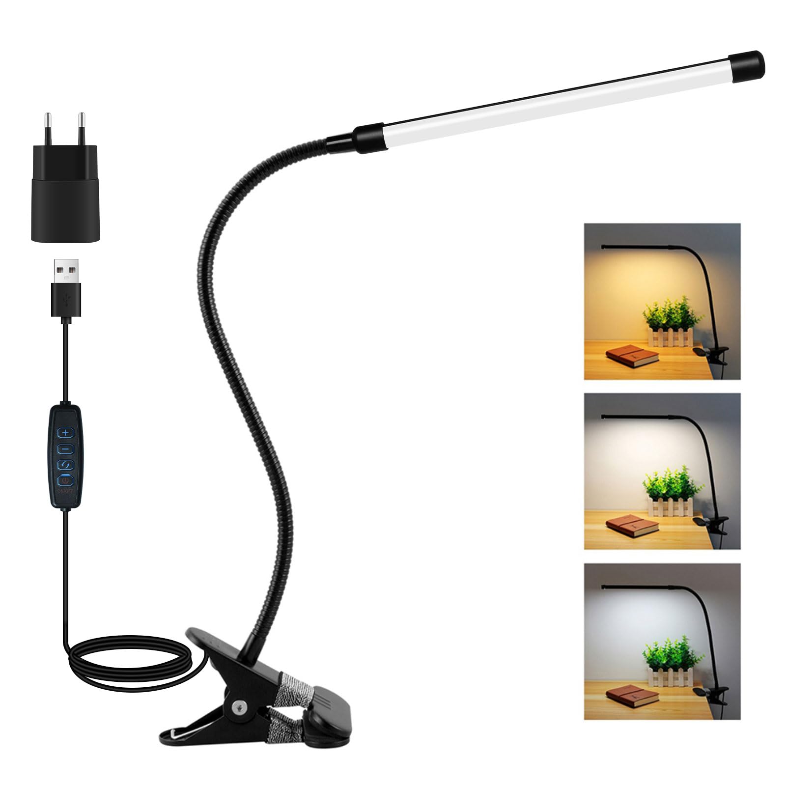 Akynite Luz Escritorio con Pinza y Cable, Adaptador incluido, 3 Colores y 10 Intensidad, 8W Luz de Lectura Cama, Flexible Lámpara Escritorio USB para PC, Negra