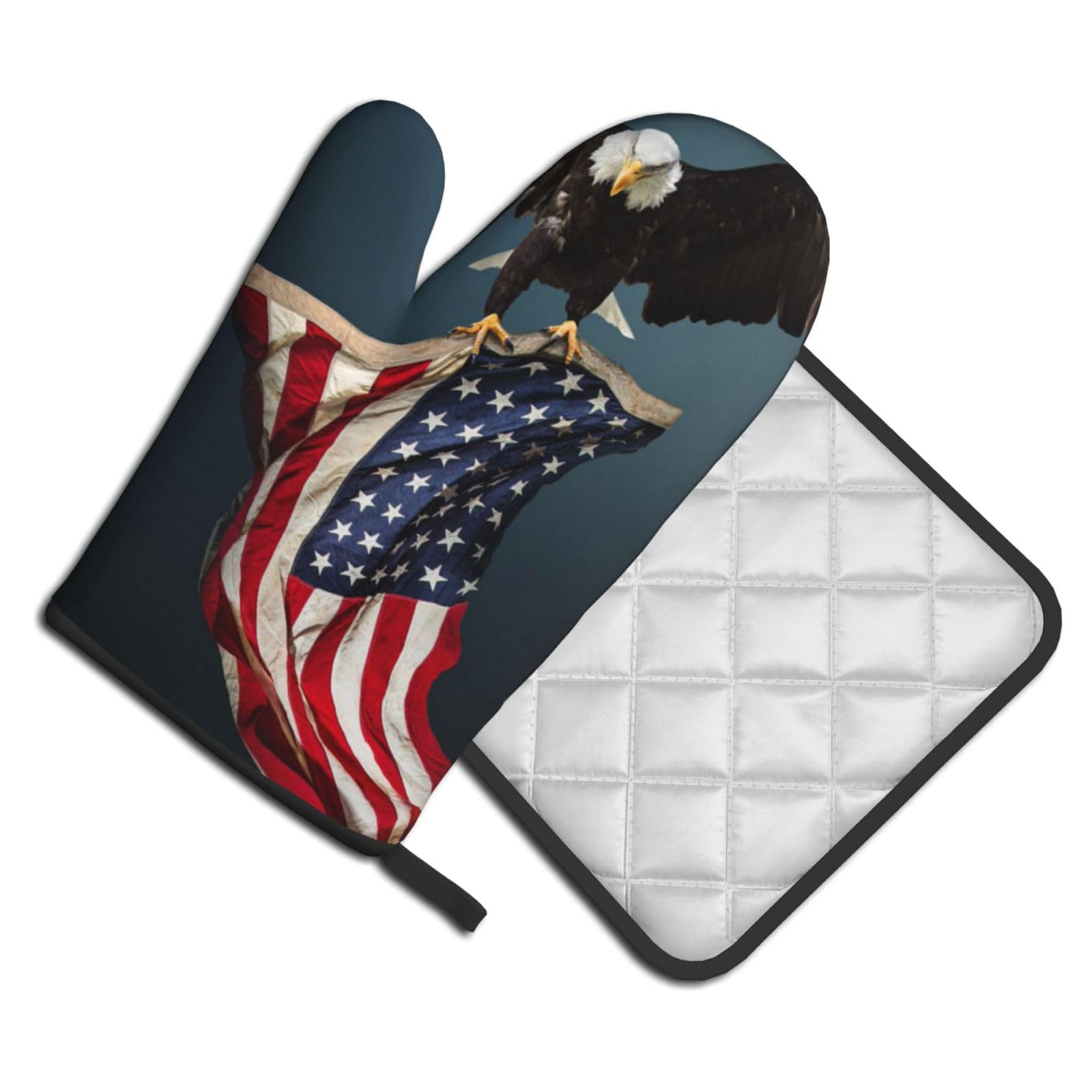 Oven Mitts and Pot Holders Set of 2 Pcs, 3D Bald Eagle Flying with American Flag Printed Heat Resistant Kitchen Gloves Potholders for Cooking Baking Grilling