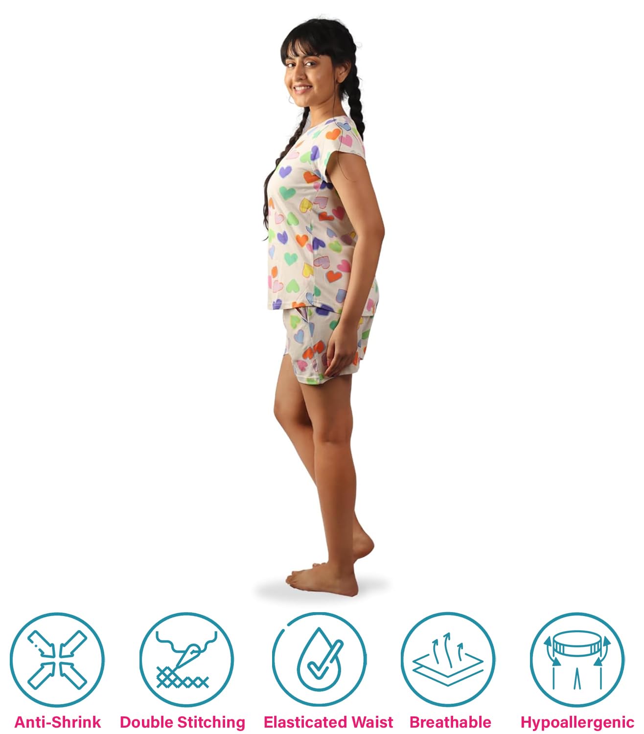 Hestia |Co-Ord Cotton Night Suit for Women| Co-Ord Night Wear Dress Set with Shorts and Top & T-Shirt |Breathable Fabric | Shrink Free Night Dress Material | Multicolor Heart | Off White | XL | Set 1 - Image 3 thumbnail