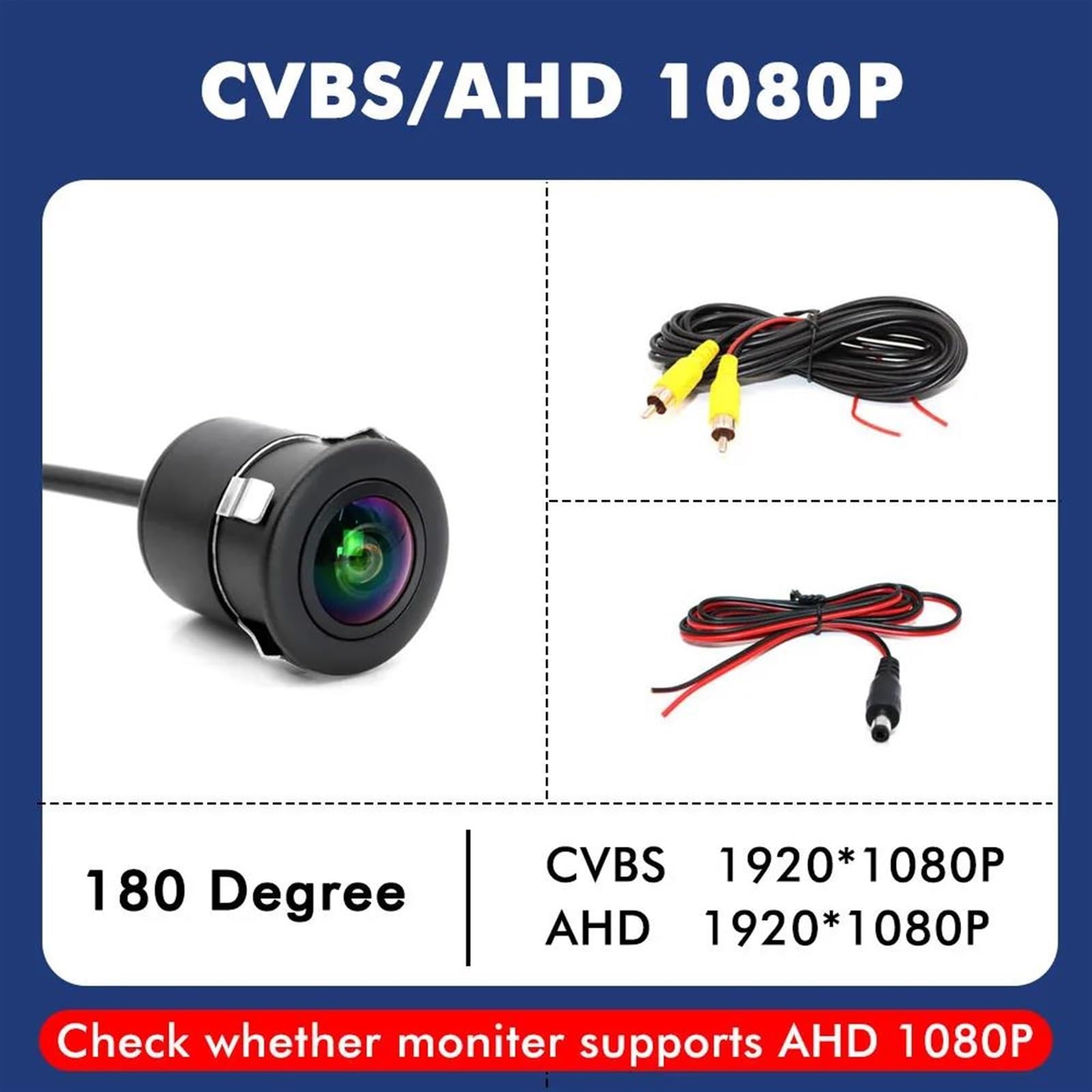Cámara De Visión Trasera Grados Hd Cámara De Visión Trasera Delantera Para Coche Estacionamiento AHD 1080P Gran Angular 180 Grados Resistente Al Agua HD(AHD 1080P)