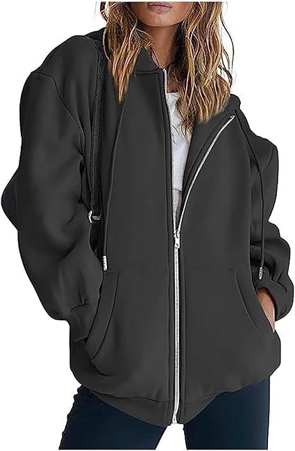 2025 Sweat à Capuche Femme Zippé Oversize Couleur Unie Veste