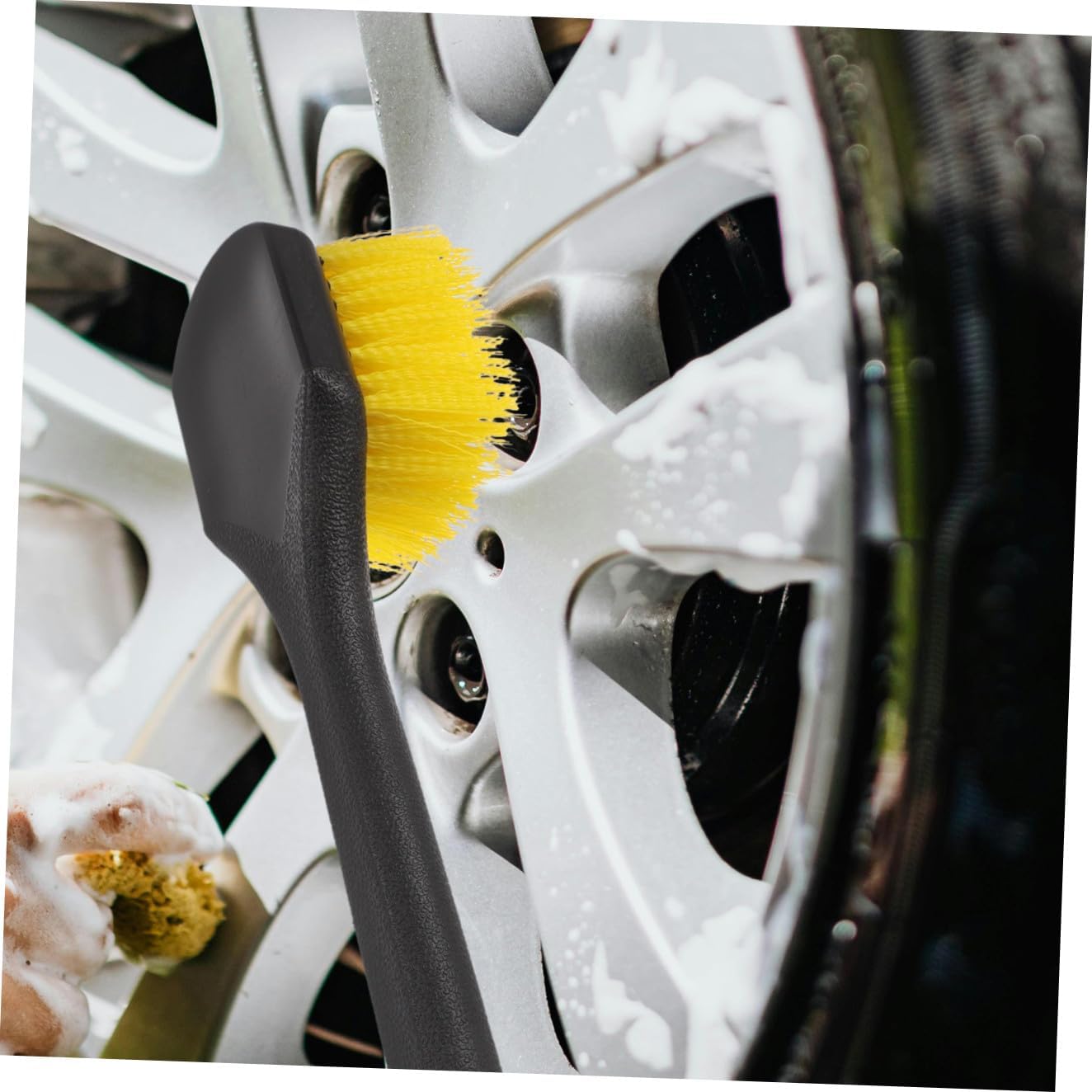 LABRIMP Long Handle Tire and Wheel Brush with Nylon Bristles, Car Rim and Tire Cleaning Tool for Automotive Detailing and Exterior Care, Yellow Hard Bristle Scrub Brush for Car Wash