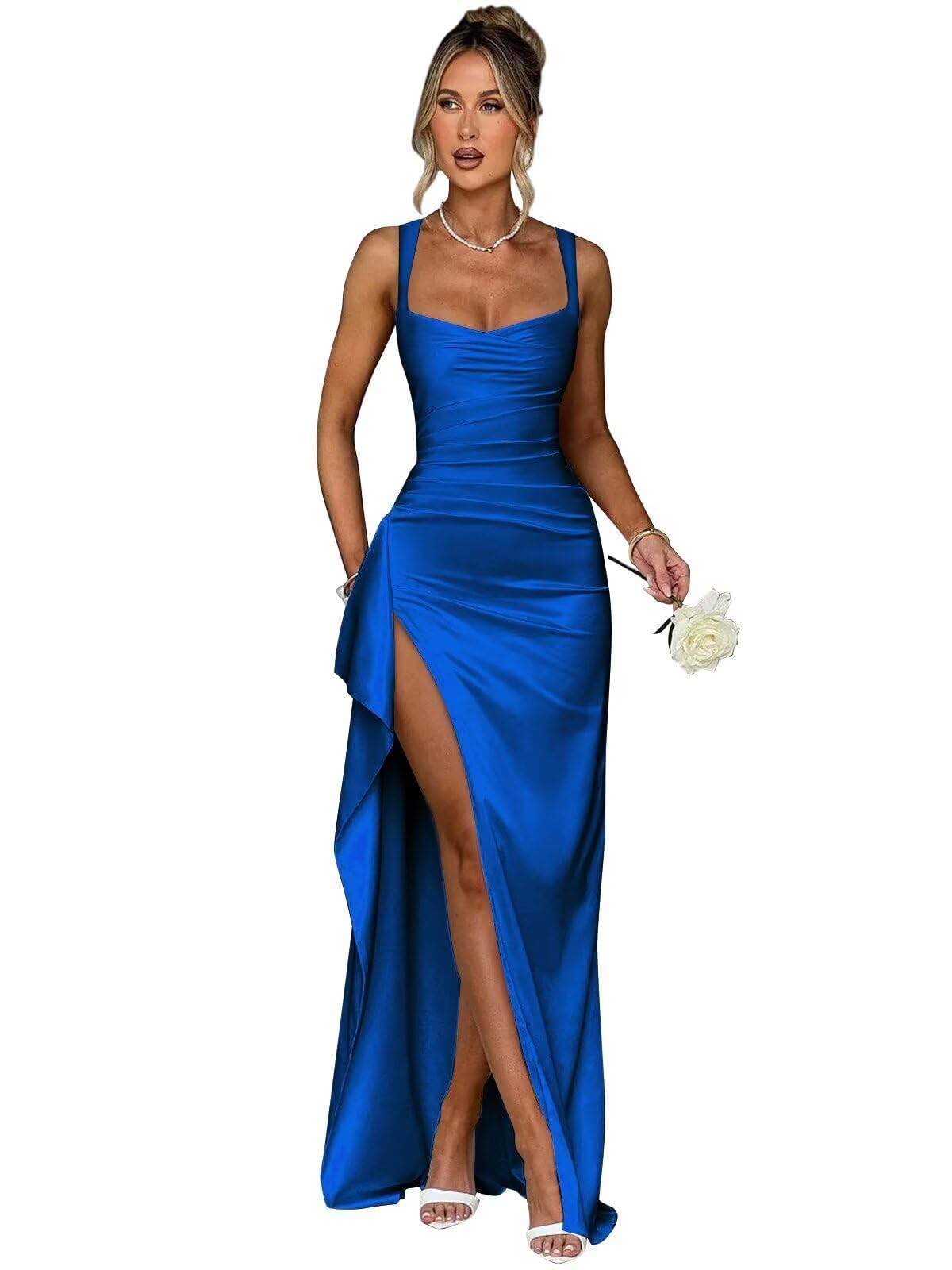 Women’s Ruffle Satin Prom Dresses Long Spaghetti Straps Bridesmaid Dresses with Slit for Wedding