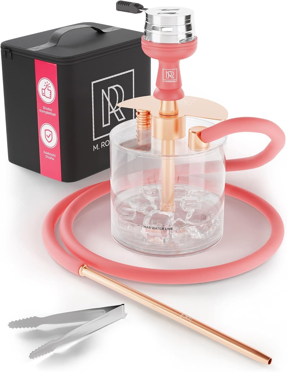 Mini Shisha To Go M. ROSENFELD con Bolsa y Accesorios Premium – Set Completo con Cabeza, Manguera, Boquilla, Difusor y Base Acrílica – Portátil y Lista para Usar (Rojo)