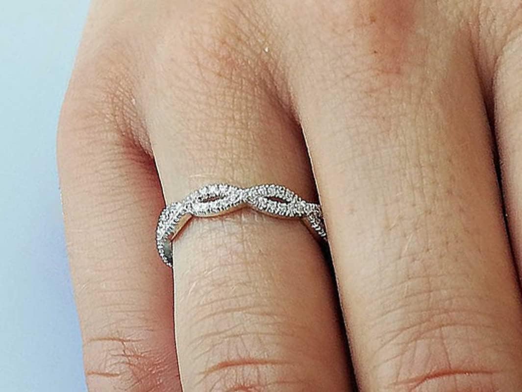 White Diamond Twisted Wedding Band For Women, 14k Gold Finish Diamond Swirl Anniversary Band, Ladies Twisted Crossover Diamond Band